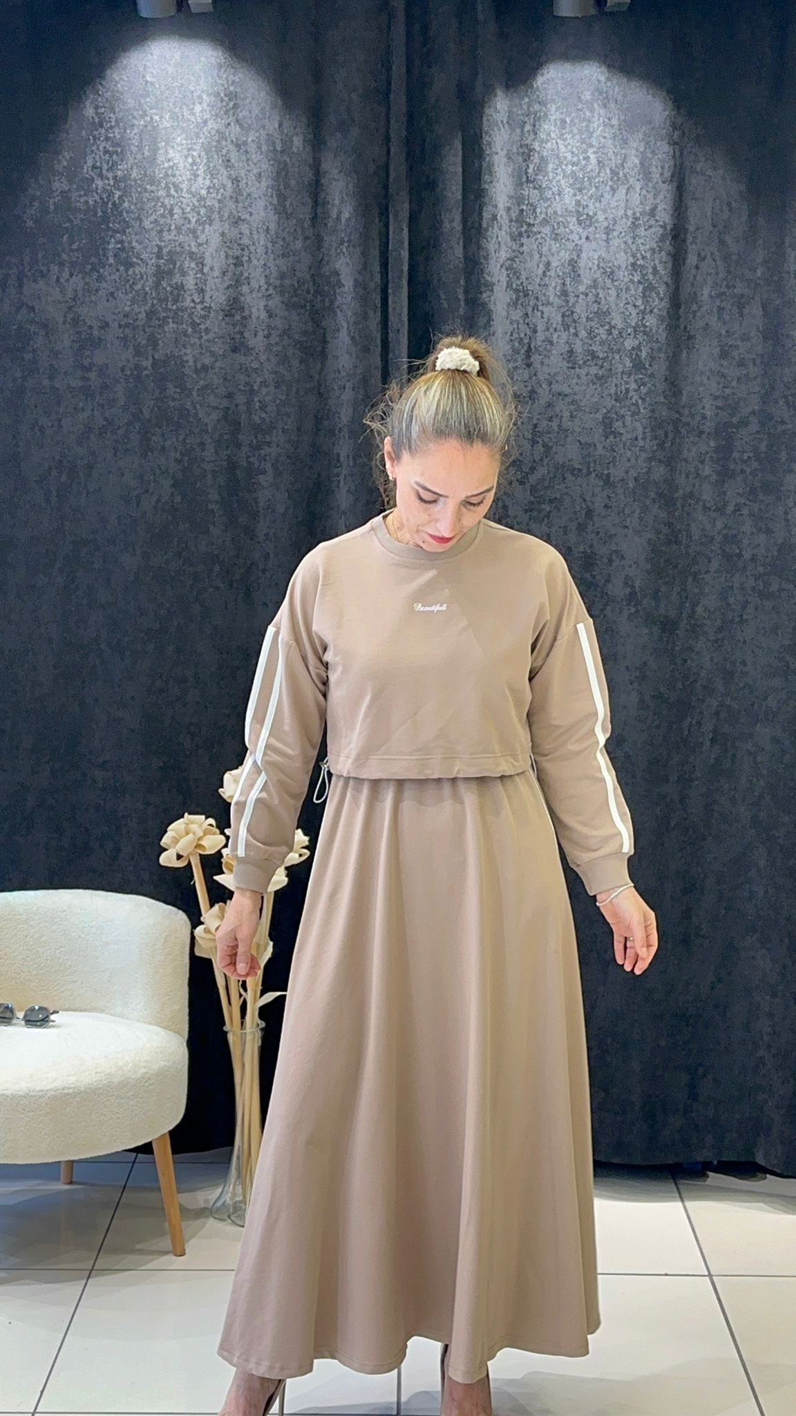 RİBANA DETAYLI İKİLİ ELBİSE İKİ İP PENYE KUMAŞ - VİZON