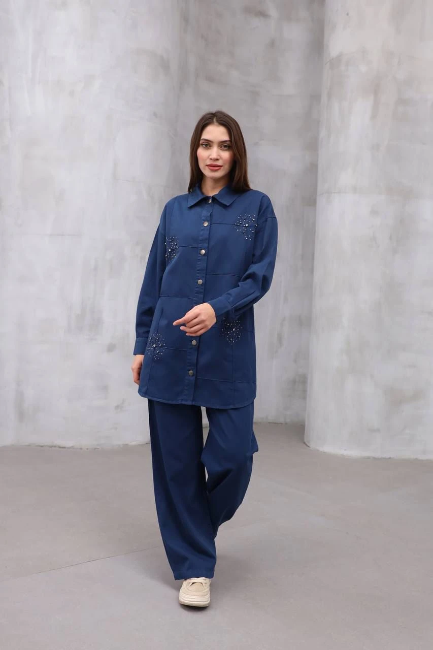 PAMUK GABARDİN  GÖMLEK PANTOLON TAKIM - İNDİGO