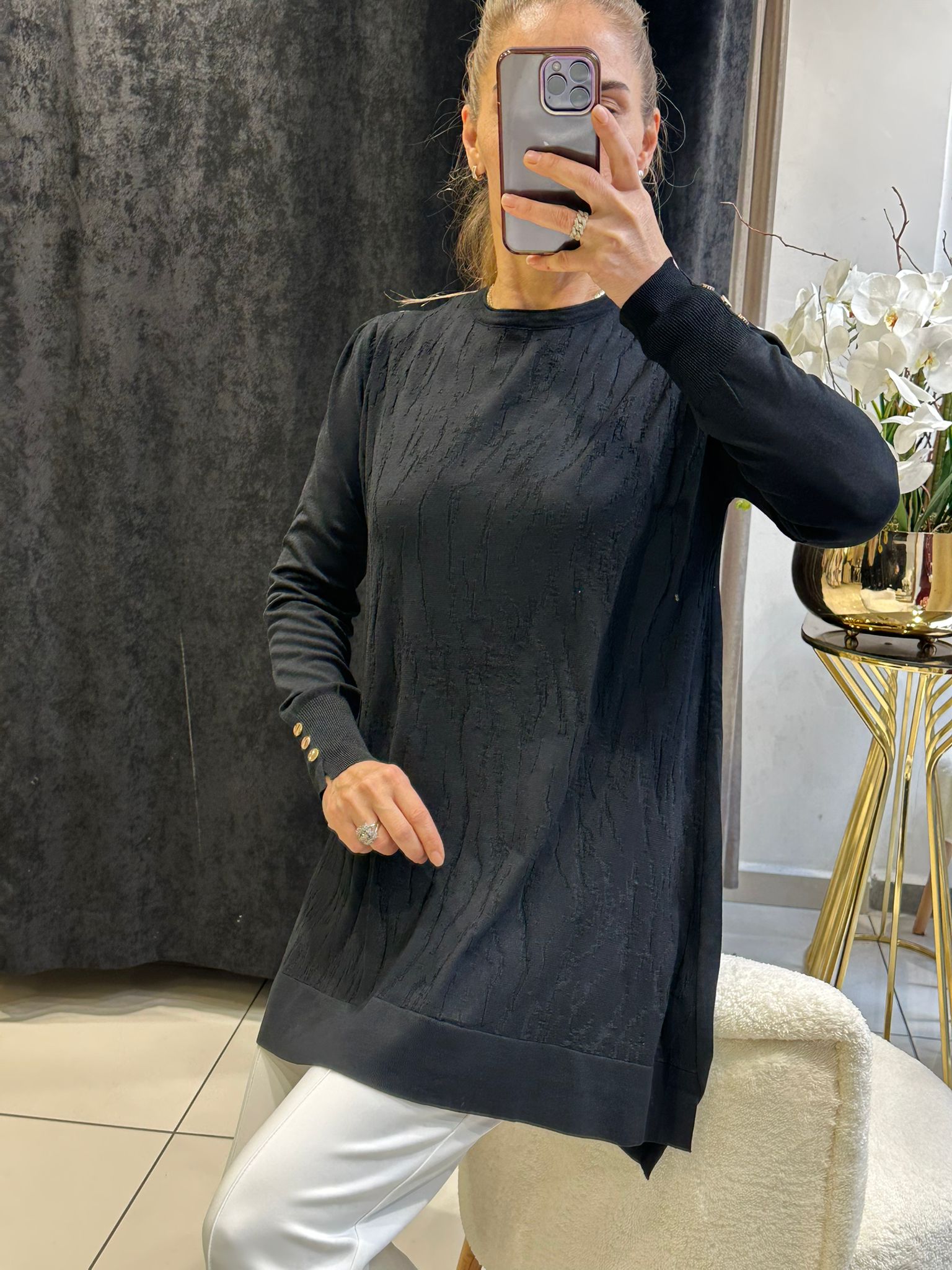 KENDİNDEN DESEN DETAYLI SOĞUK İP MESERİZE TRİKO - SİYAH