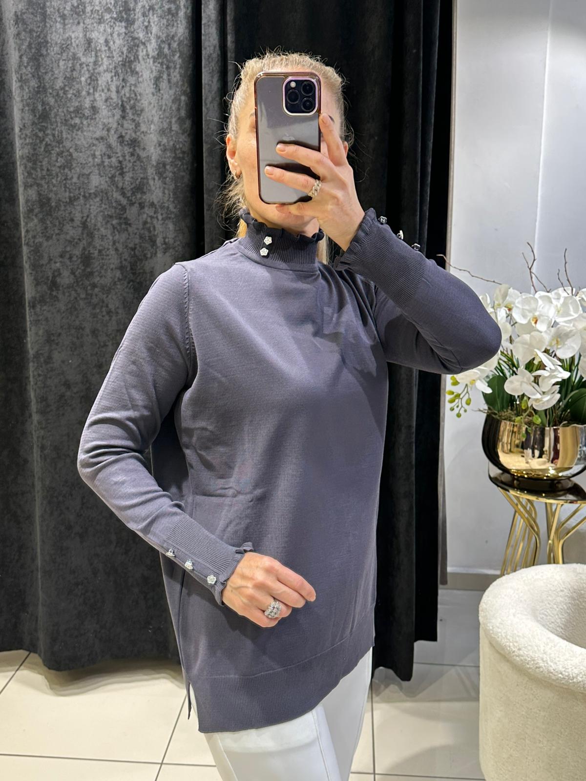 FIRFIR YAKA DÜĞME DETAYLI SOĞUK İP MESERİZE TRİKO  - ANTRASİT