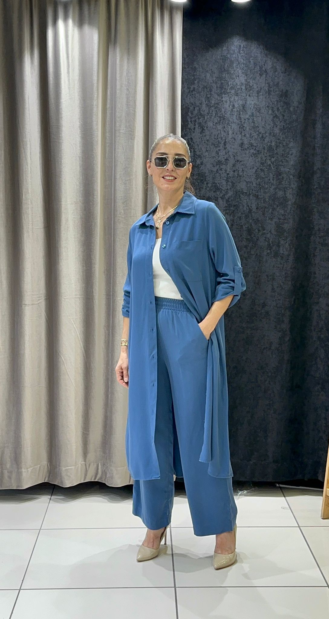 PAMUK TENSEL UZUN TUNİK VE PANTOLON İKİLİ TAKIM - İNDİGO