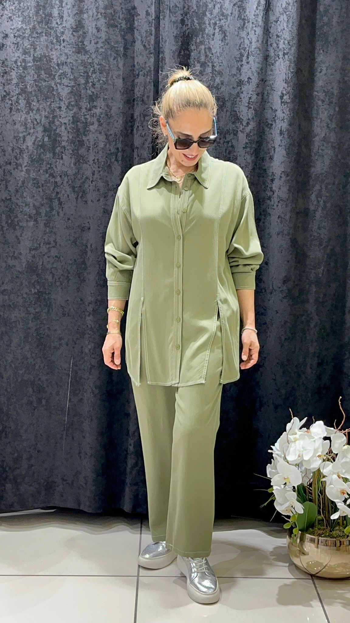 PAMUK TENSEL DİKİŞ DETAY  GÖMLEK PANTOLON TAKIM - HAKİ