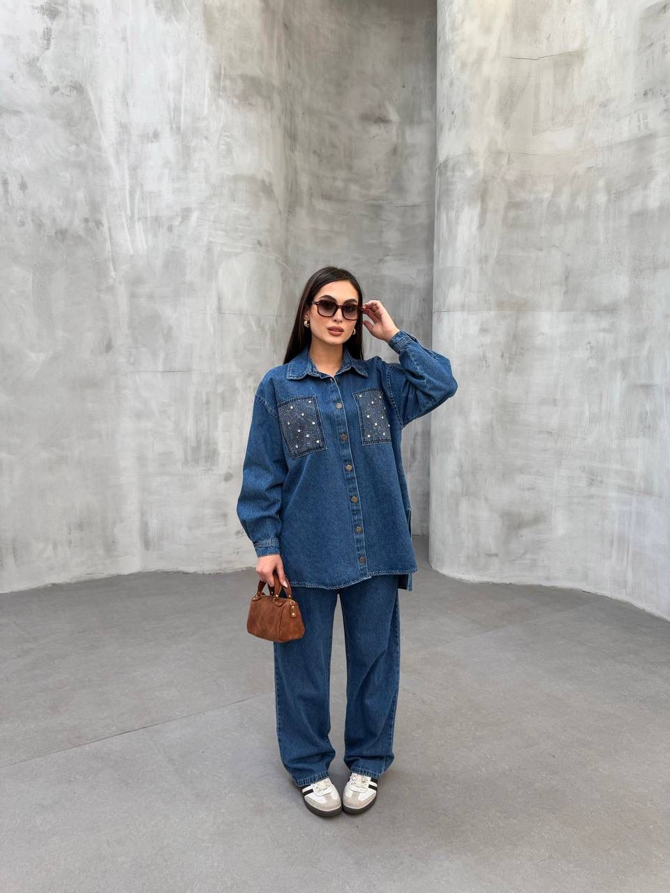 CEP TAŞ DETAY KOT GÖMLEKLİ İKİLİ TAKIM - MAVI