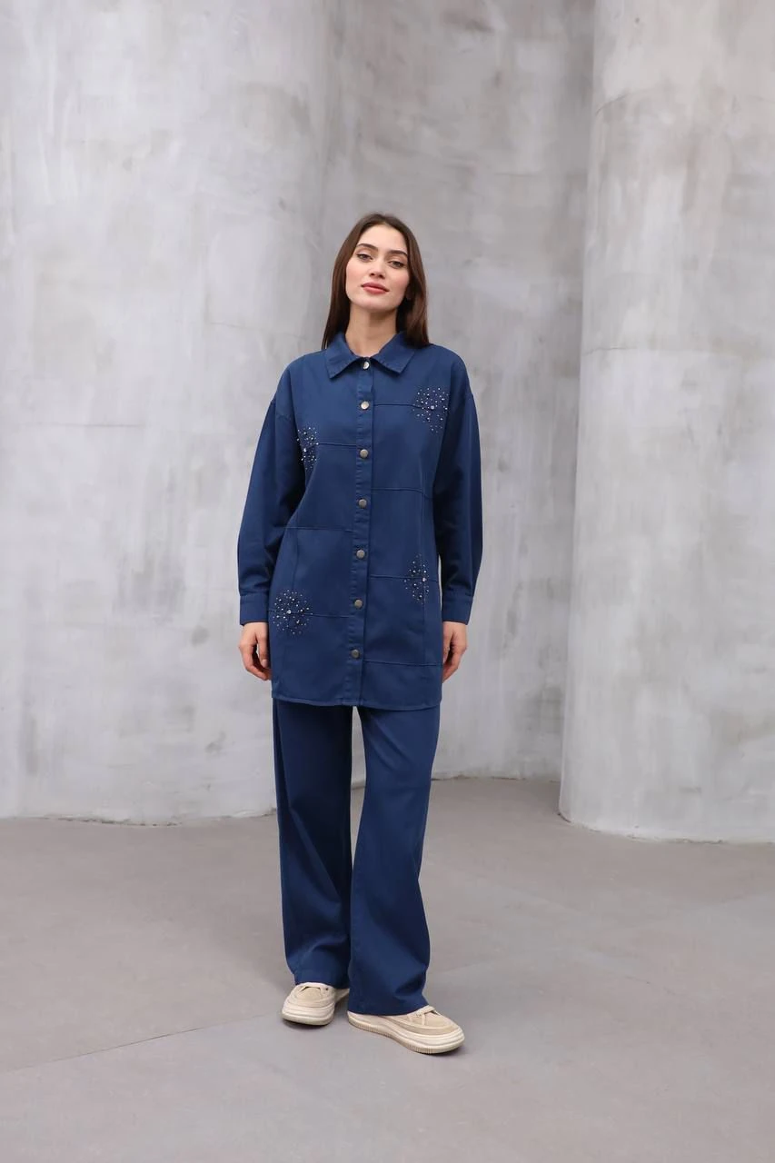 PAMUK GABARDİN  GÖMLEK PANTOLON TAKIM - İNDİGO