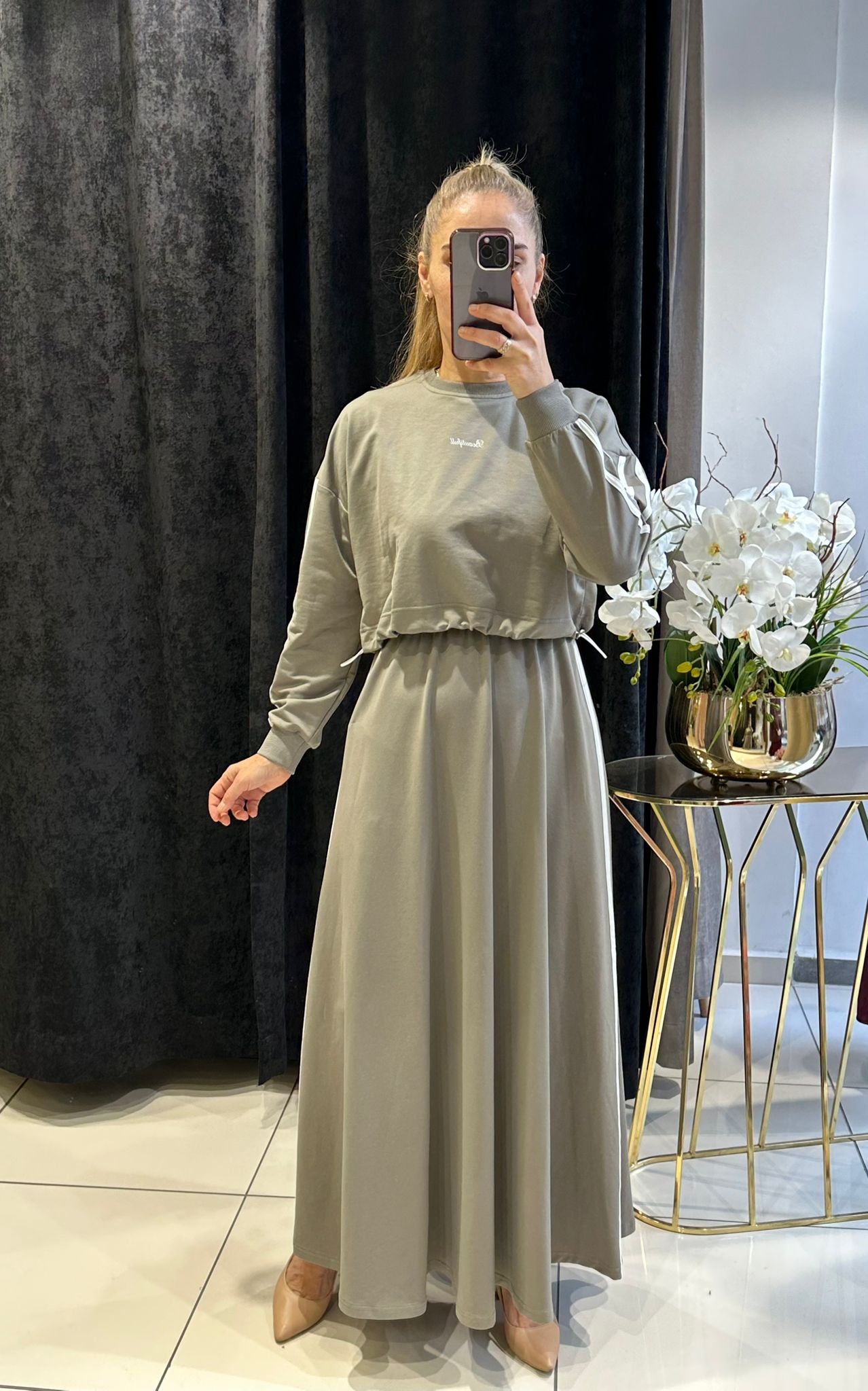 RİBANA DETAYLI İKİLİ ELBİSE İKİ İP PENYE KUMAŞ - HAKİ