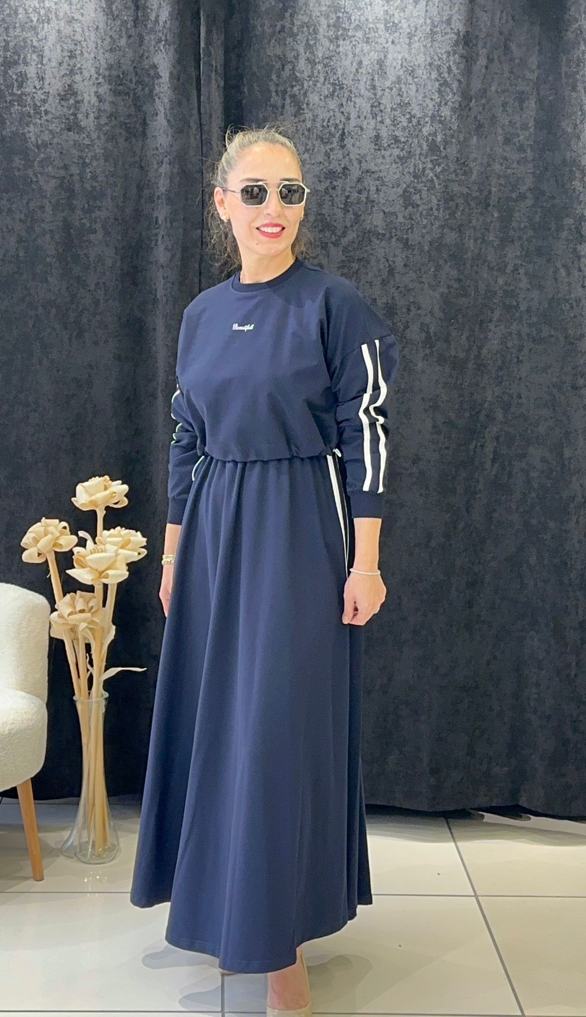 RİBANA DETAYLI İKİLİ ELBİSE İKİ İP PENYE KUMAŞ - LACI