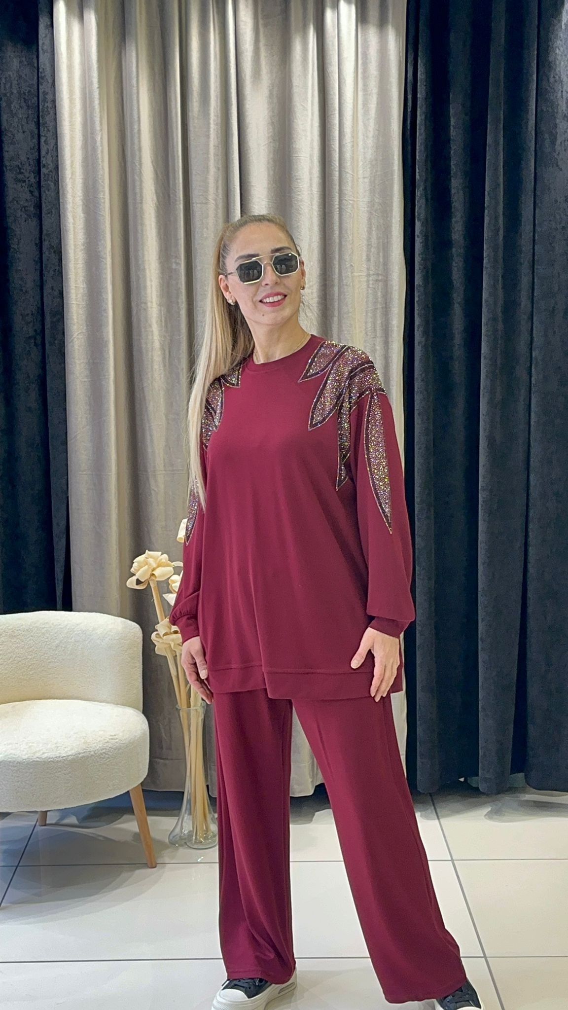 OYSHO OMUZ TAŞ DETAY PANTOLONLU İKİLİ TAKIM 