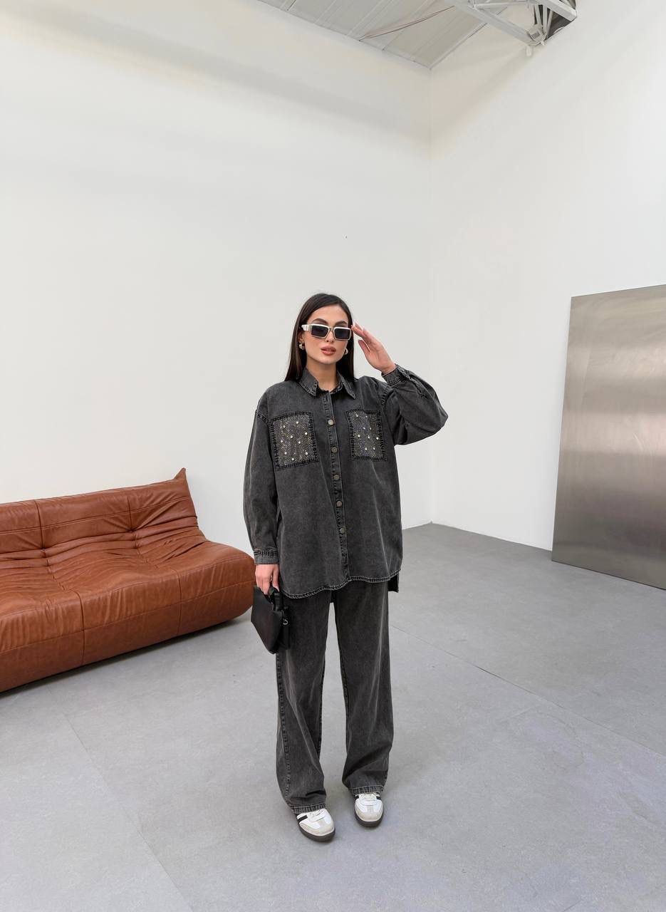 CEP TAŞ DETAY KOT GÖMLEKLİ İKİLİ TAKIM - SİYAH