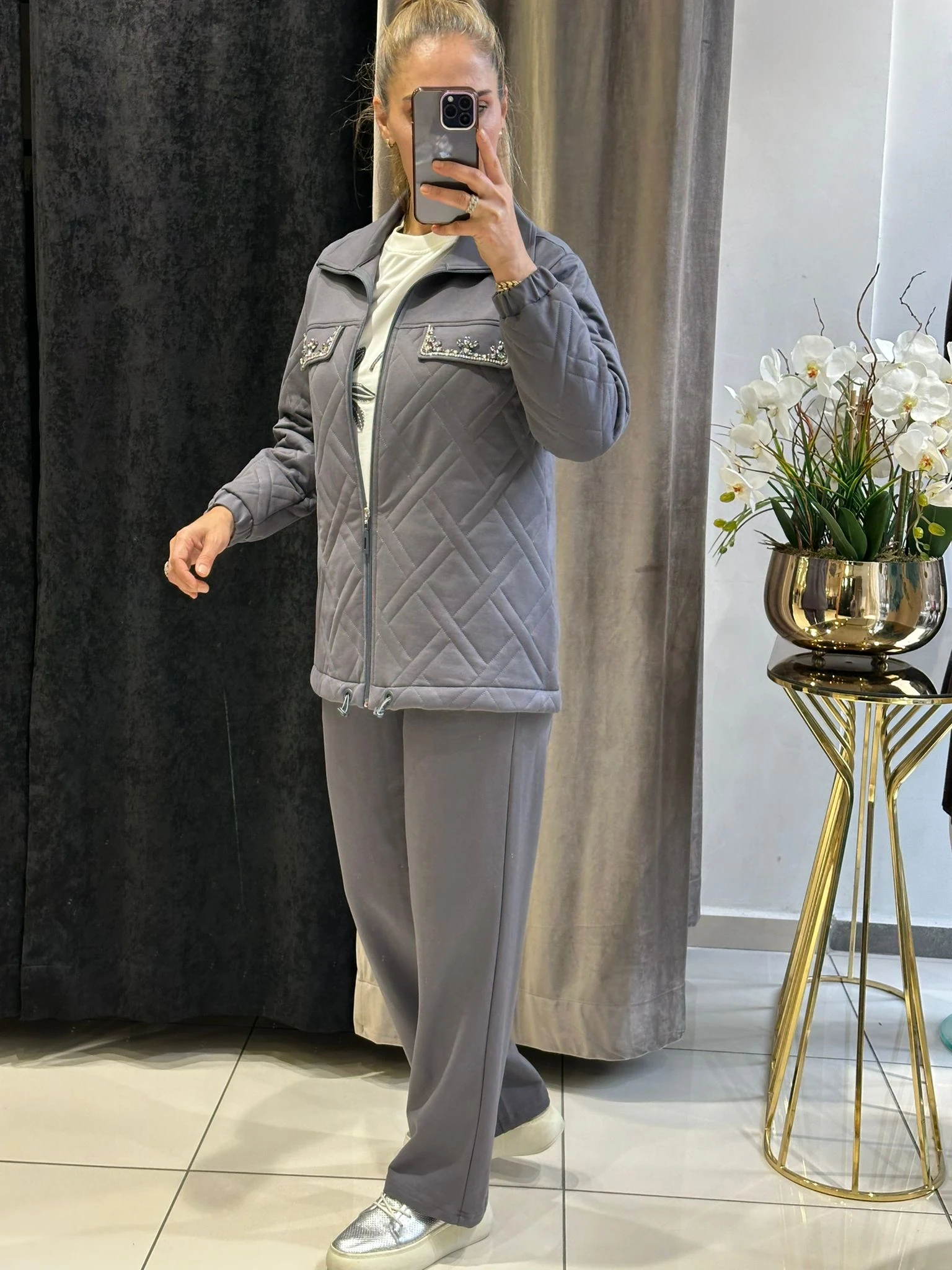 PAMUK KAPİTONE CEKET TAŞ DETAYLI ÜÇLÜ TAKIM 