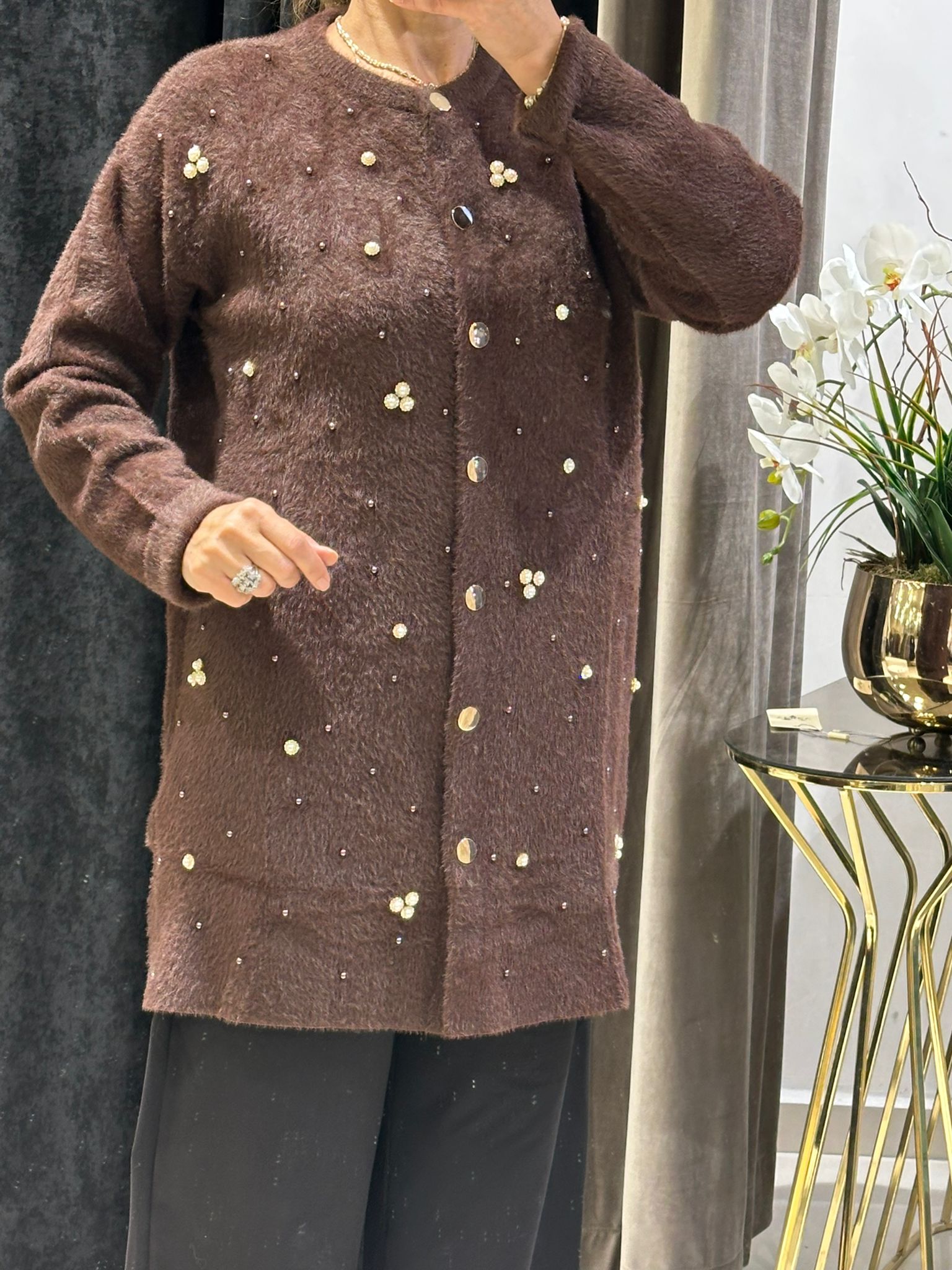 TAŞ VE İNCİ DETAYLI KILL İPLİK HIRKA  - KAHVE