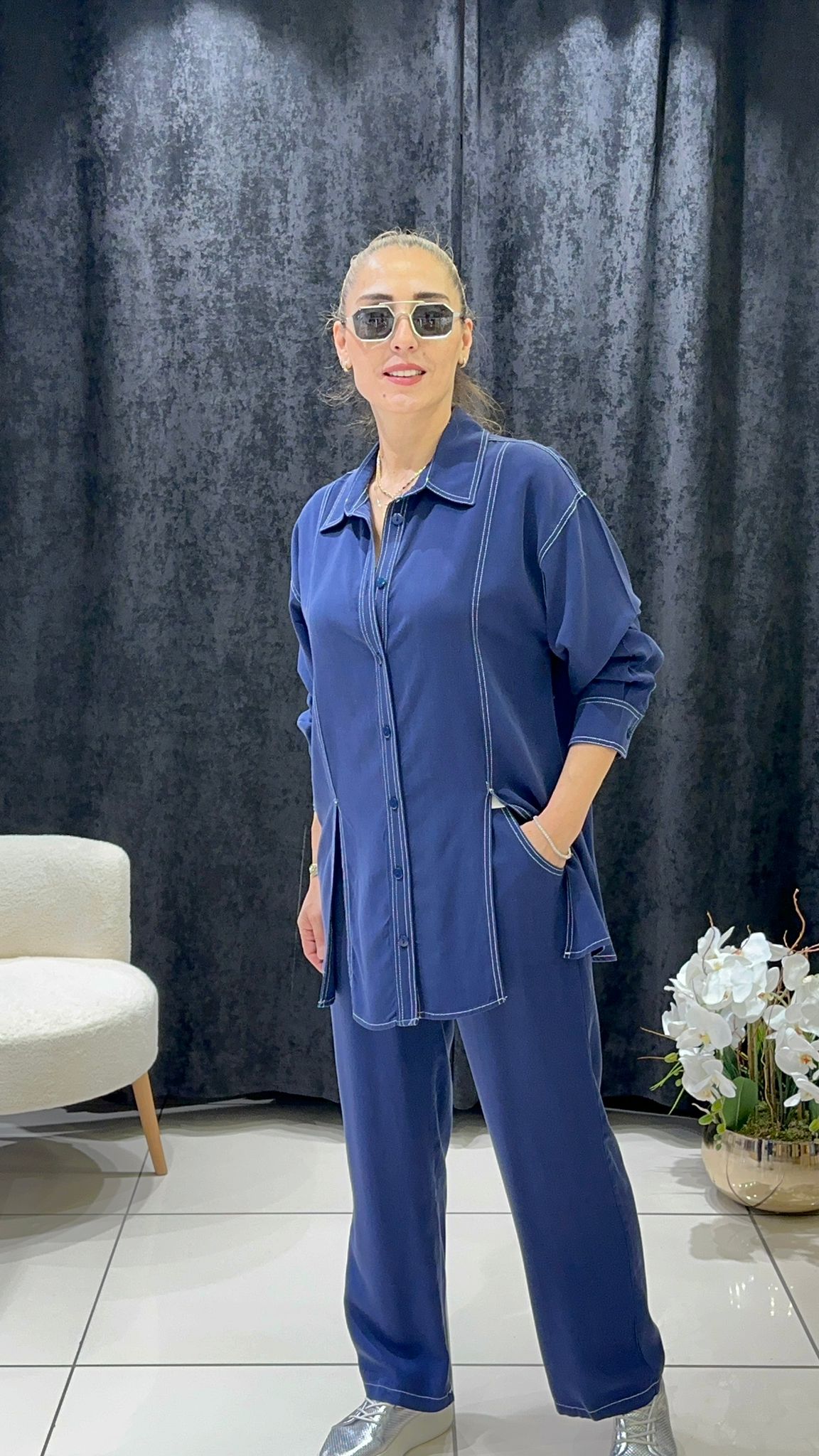 PAMUK TENSEL DİKİŞ DETAY  GÖMLEK PANTOLON TAKIM - LACI