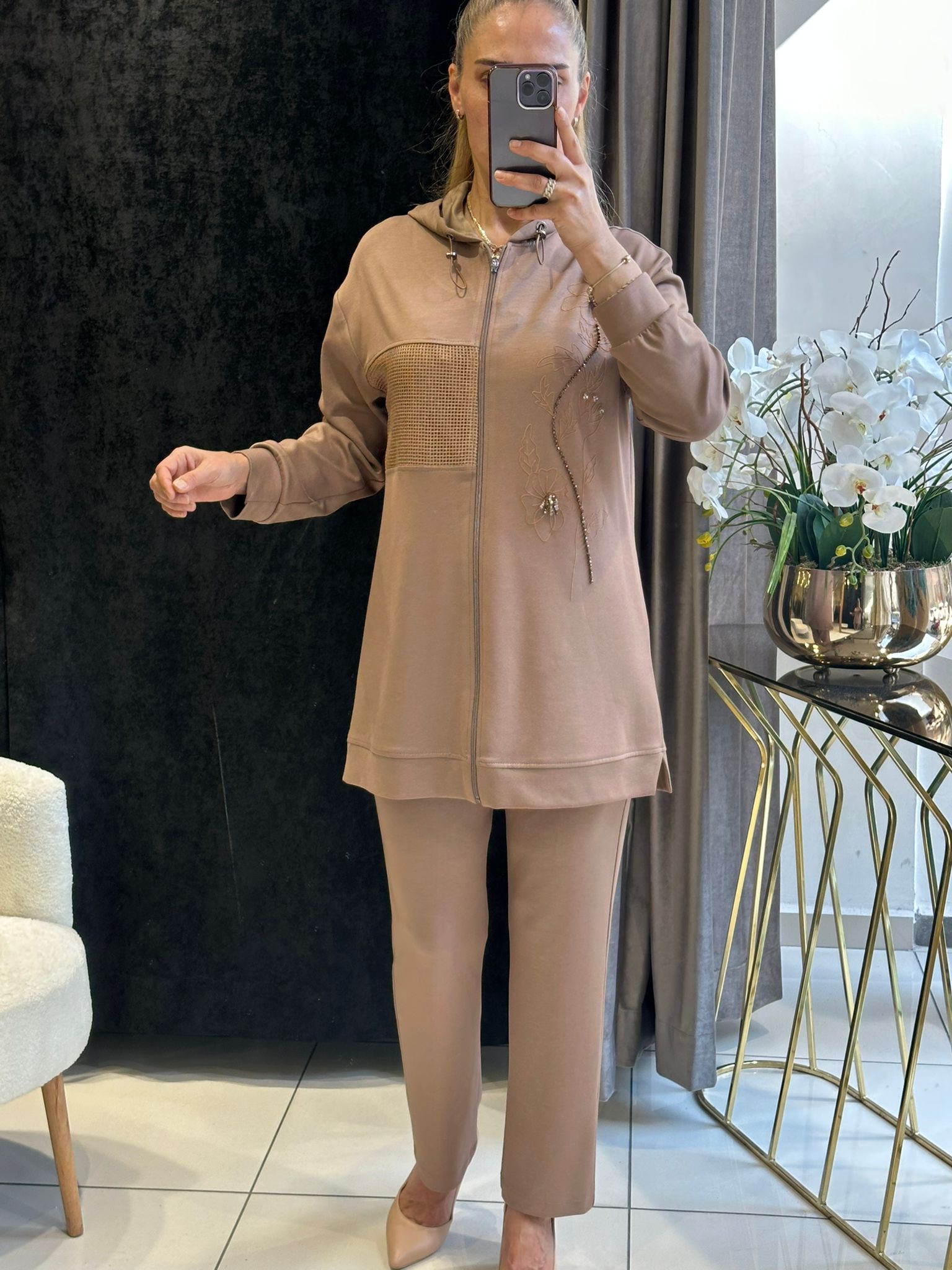 BAMBU PENYE BASKI VE BONCUK İŞLEMELİ TAKIM - CAMEL