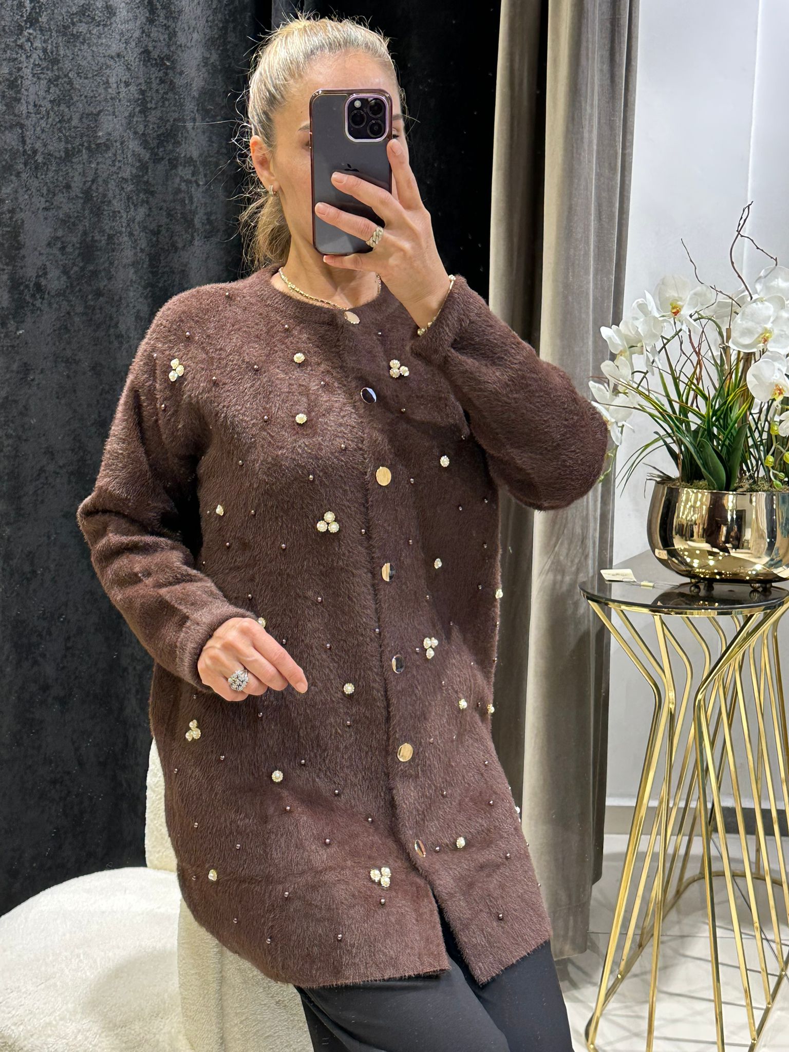 TAŞ VE İNCİ DETAYLI KILL İPLİK HIRKA  - KAHVE