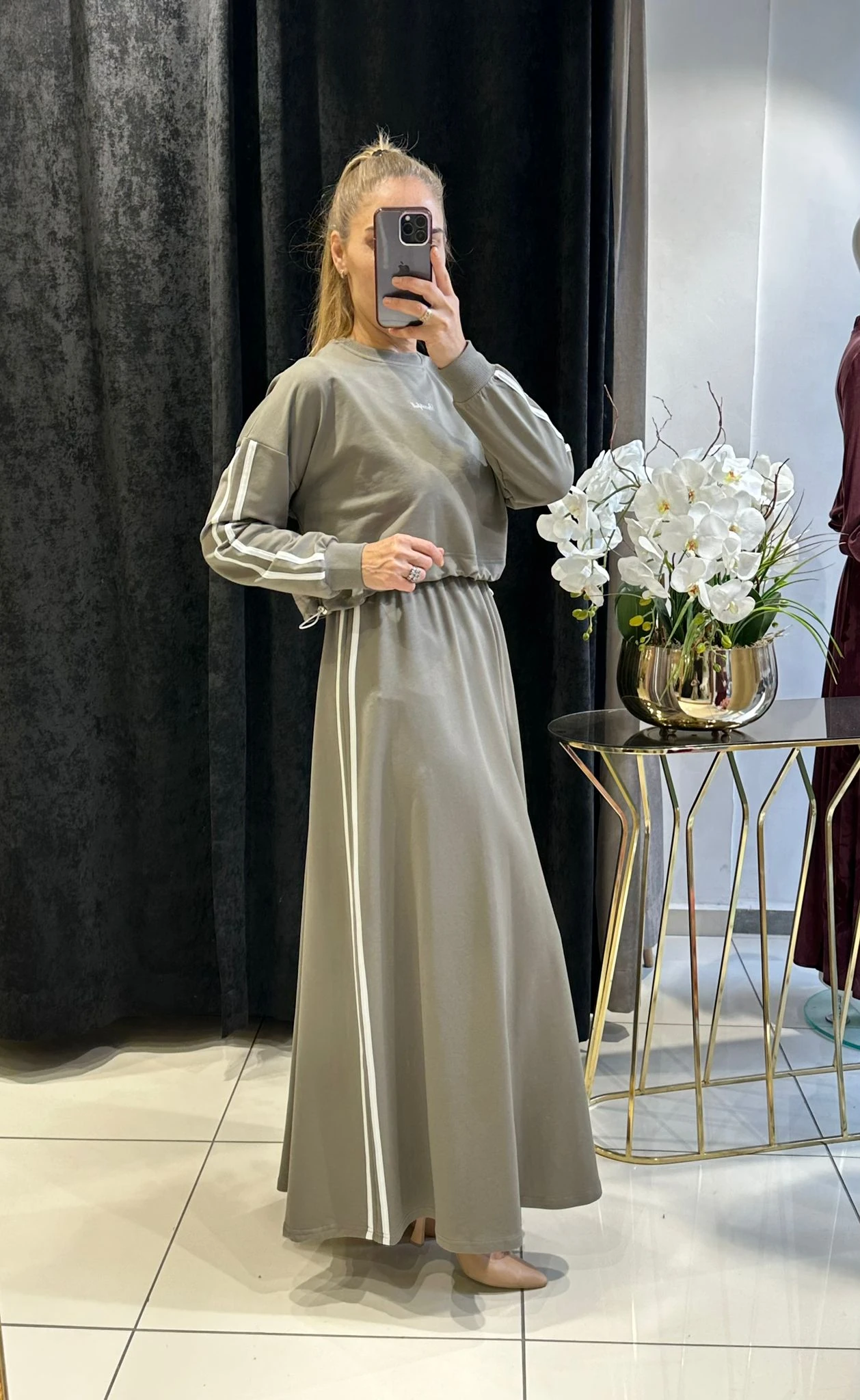 RİBANA DETAYLI İKİLİ ELBİSE İKİ İP PENYE KUMAŞ - HAKİ