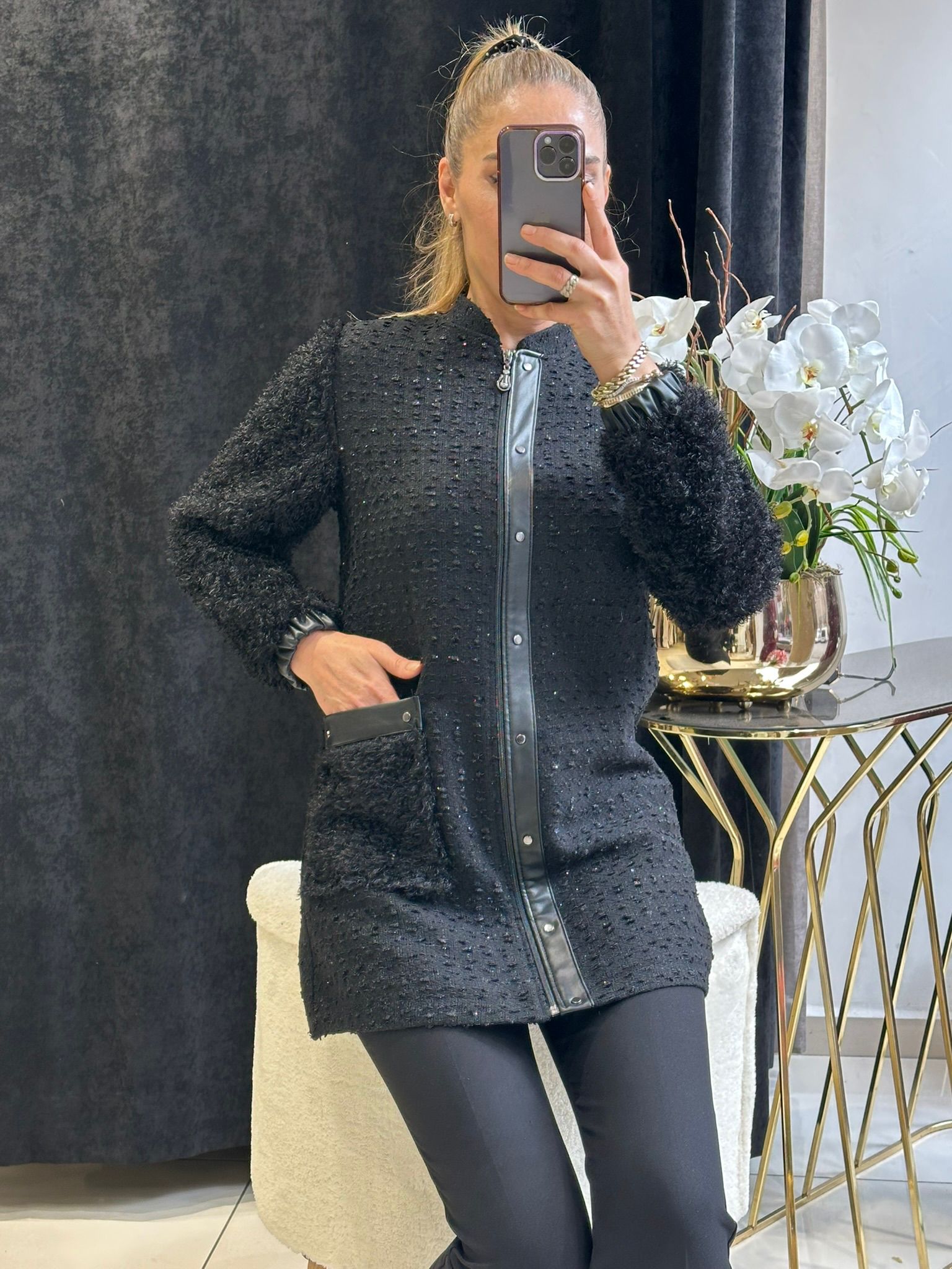 ÖRME KUMAŞ DERİ DETAY BAMBIR CEKET 