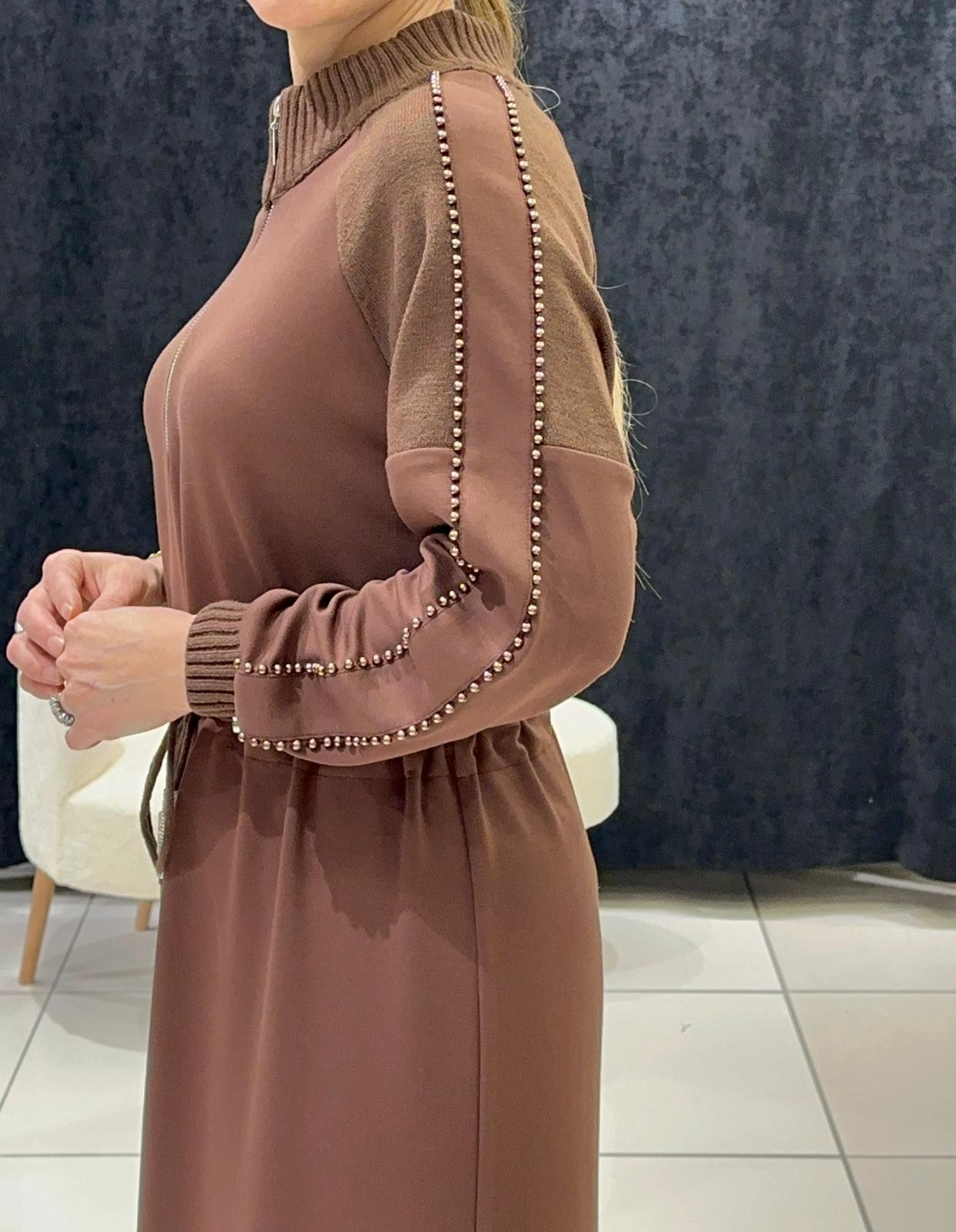 PUREVA MODAL KUMAŞ TRİKO KOMBİNLİ TAM BOY ELBİSE