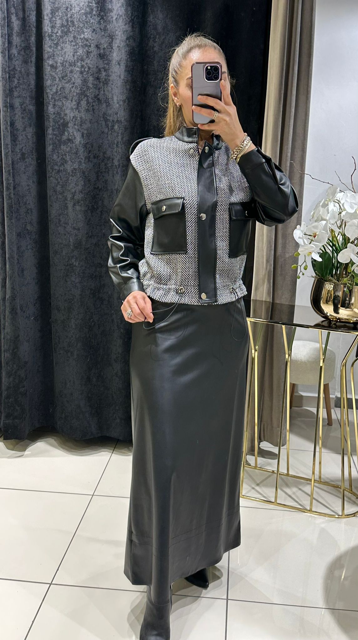 DERİ CEKET GARNİLİ ETEKLİ TAKIM    