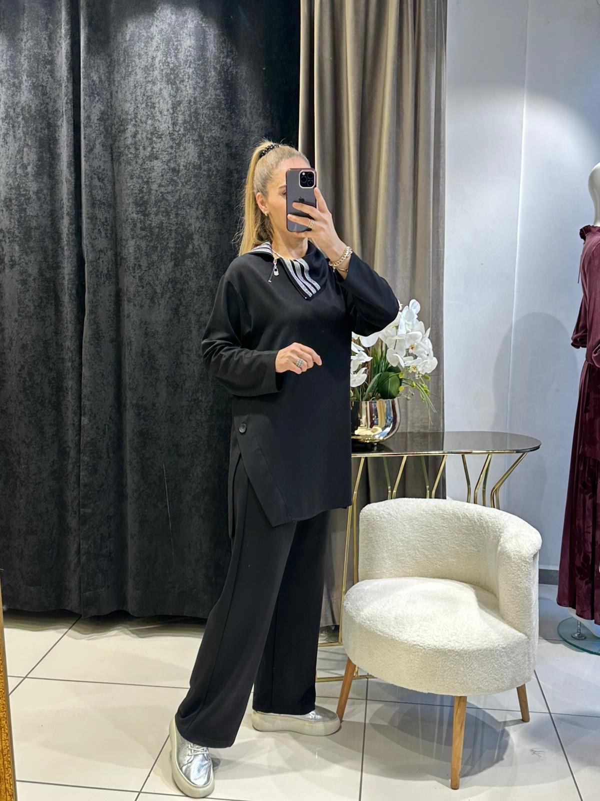 MENDİL YAKA İKİ İPLİK KUMAŞ İKİLİ TAKIM   - SİYAH