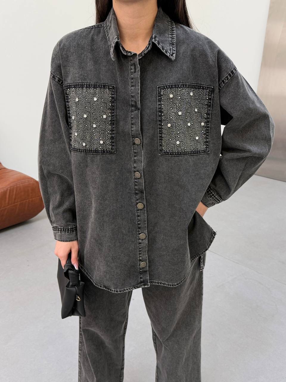 CEP TAŞ DETAY KOT GÖMLEKLİ İKİLİ TAKIM - SİYAH