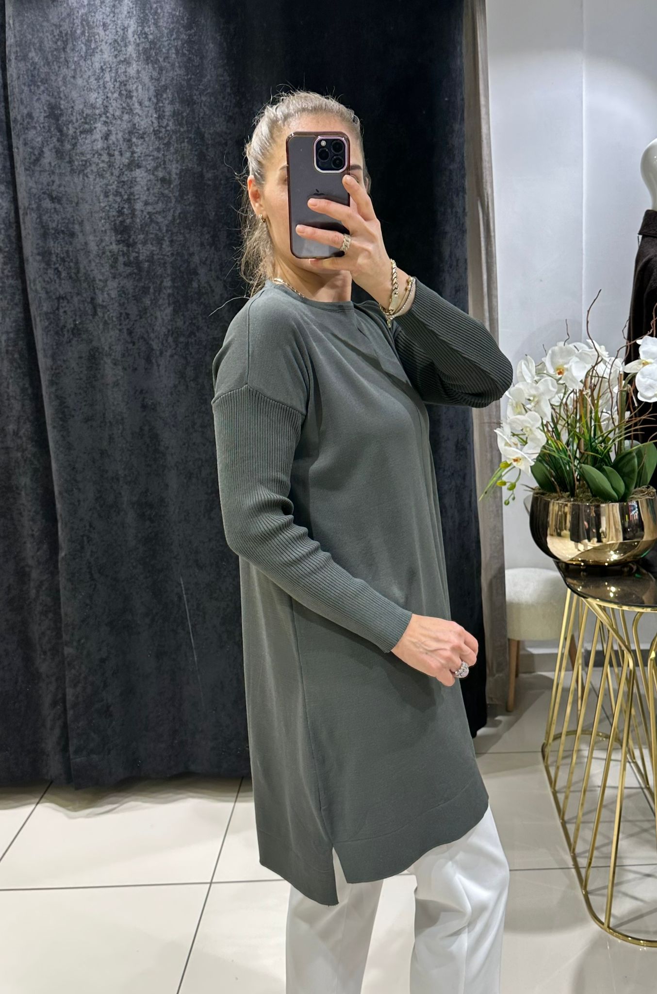 ORTASI DİKİŞ DETAYLI SOĞUK İP MESERİZE TRİKO - HAKİ