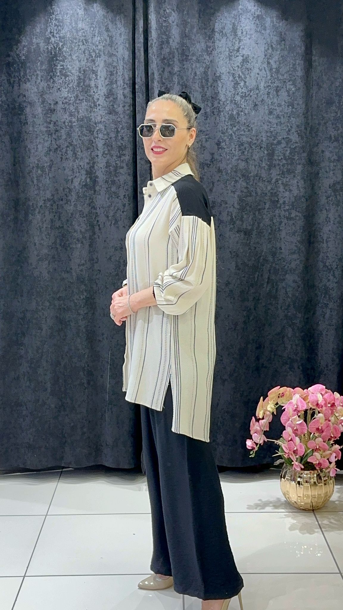 PAMUK VİSKON ÇİZGİLİ TUNİK PANTOLON İKİLİ TAKIM