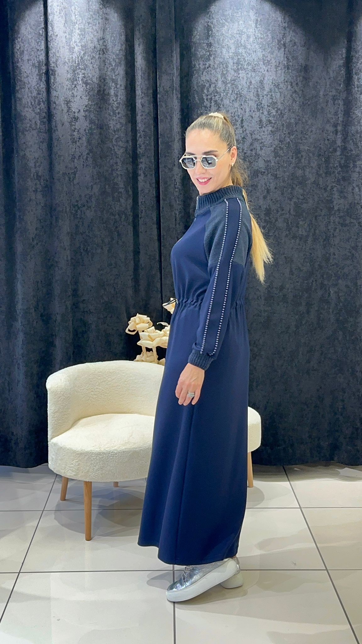 PUREVA MODAL KUMAŞ TRİKO KOMBİNLİ TAM BOY ELBİSE