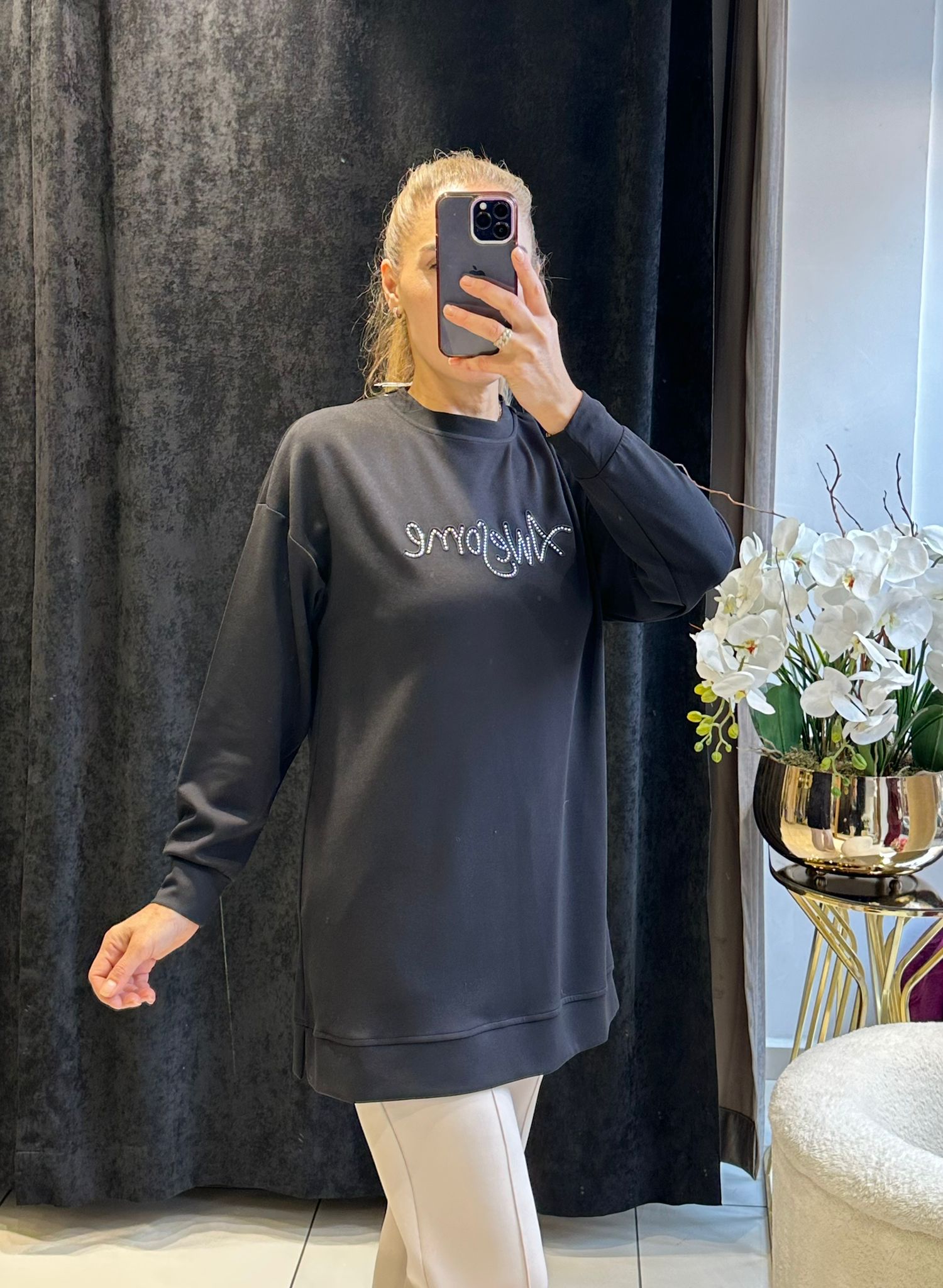 YAZI DETAY BEYZİK İKİ İPLİK PENYE TUNİK  - SİYAH