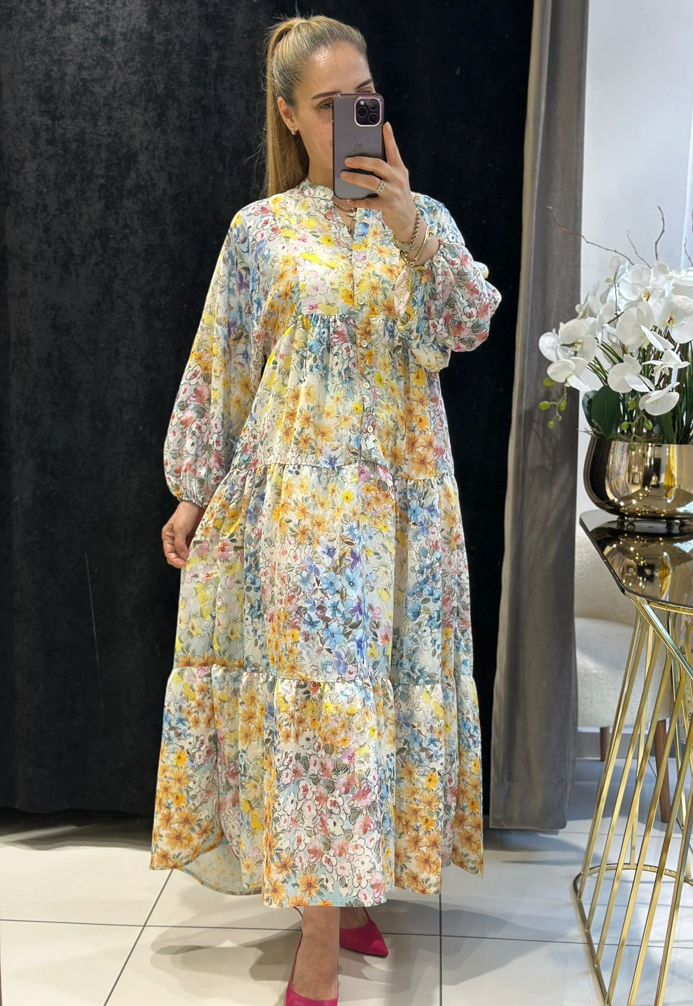 MANGO KETEN DÜĞME DETAY DİJİTAL BASKI ELBİSE