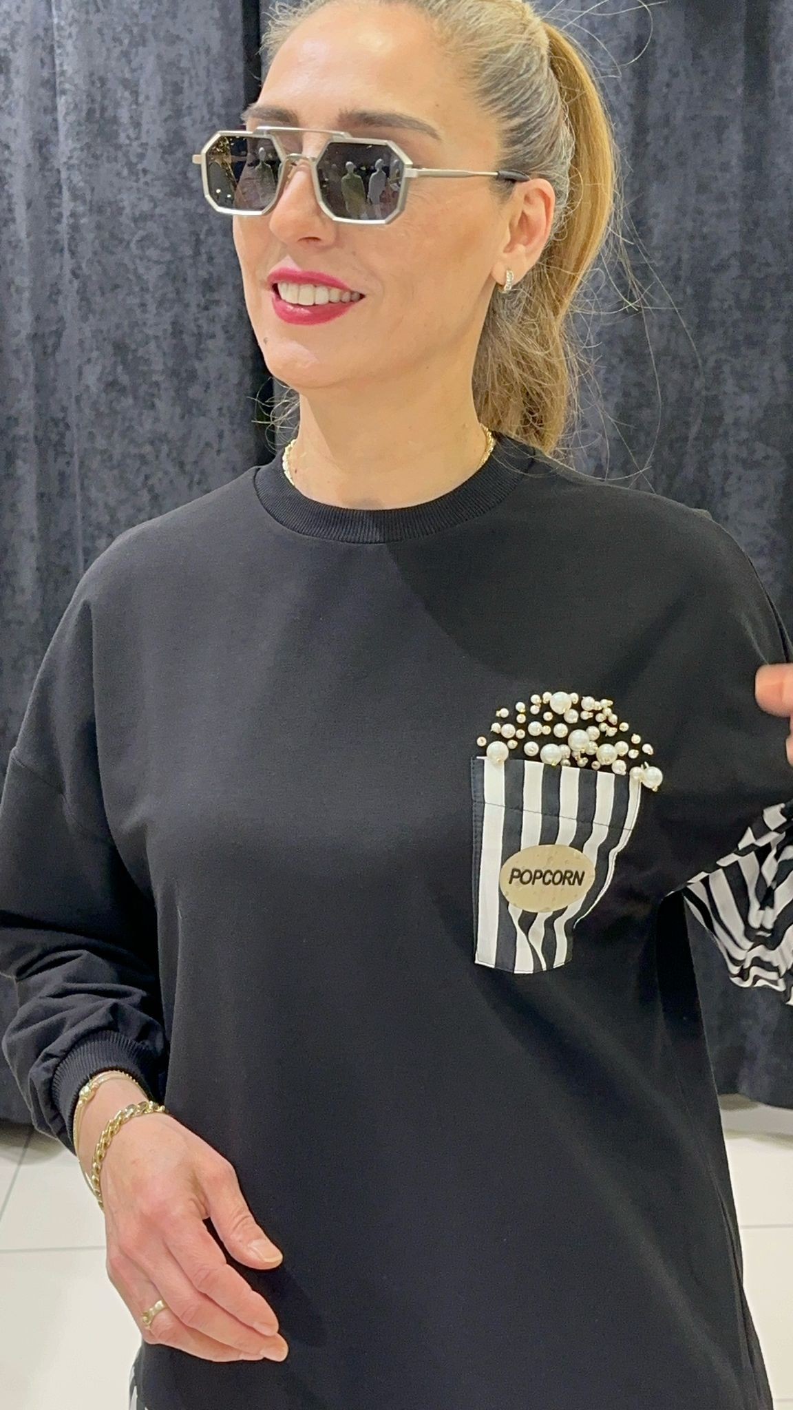 POPCORN ÇİZGİLİ KOTON GARNİLİ PENYE TUNİK   - SIYAH