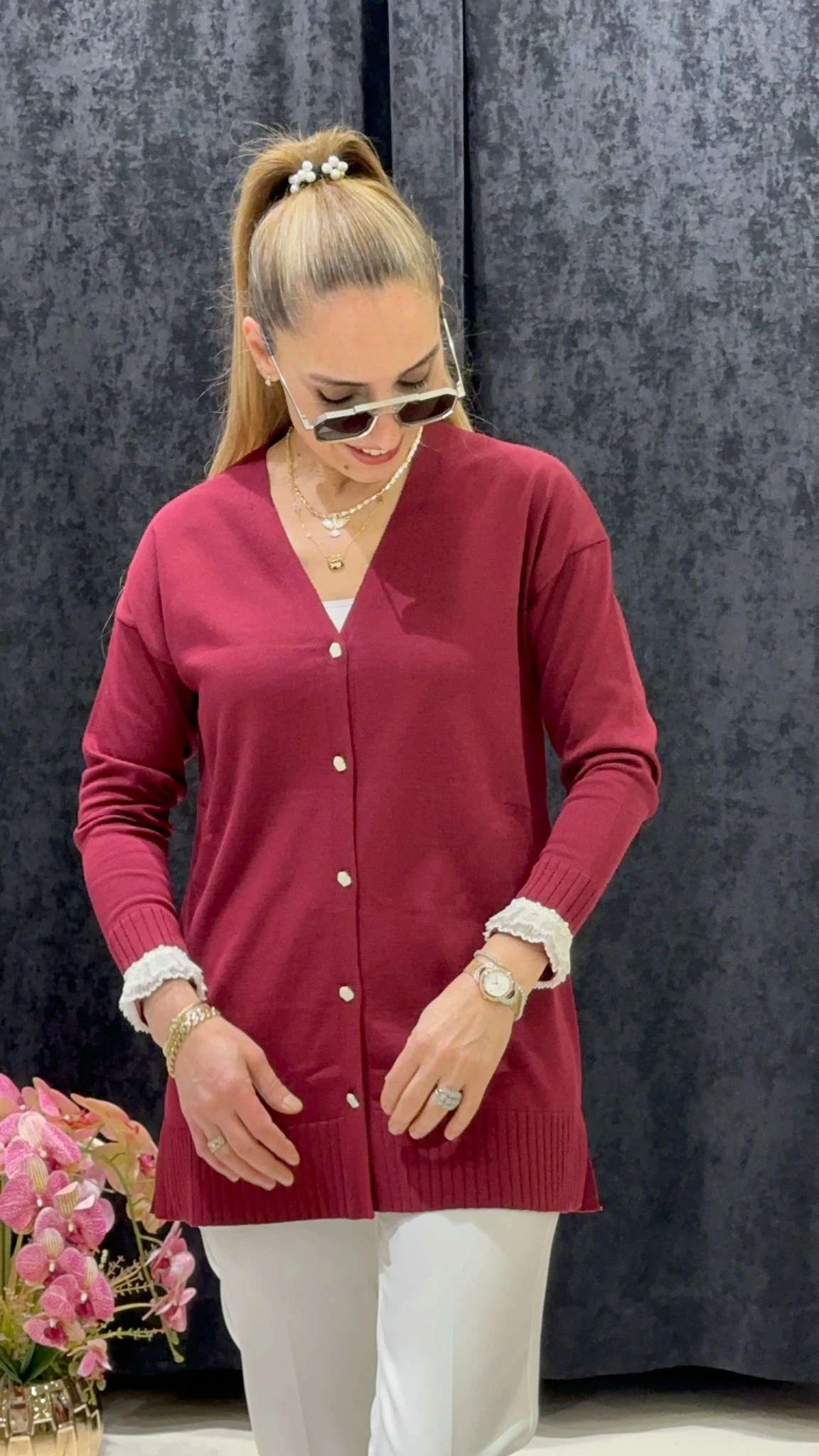 KOLLARI TÜLLÜ SOĞUK İP MESERİZE HIRKA - BORDO