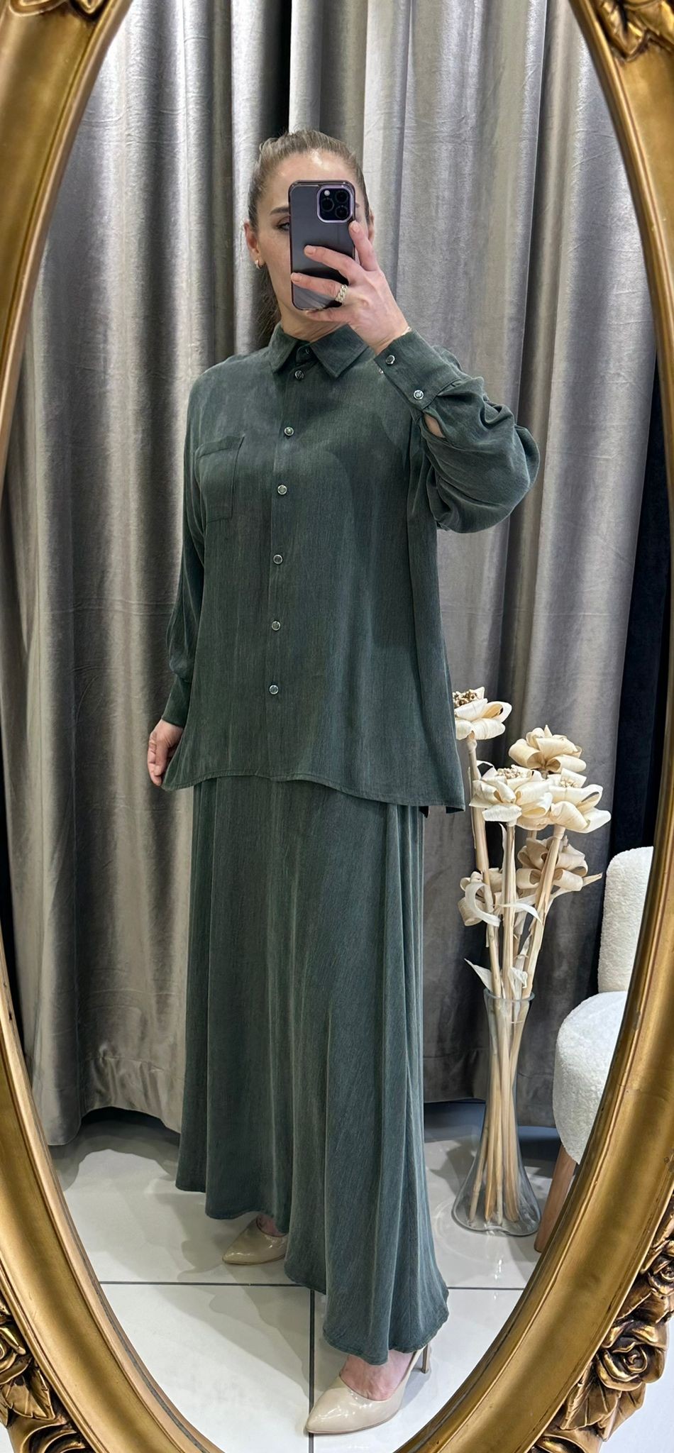 İPEK KUPRA KUMAŞ GÖMLEK SALAŞ MODEL ETİKİLİ TAKIM