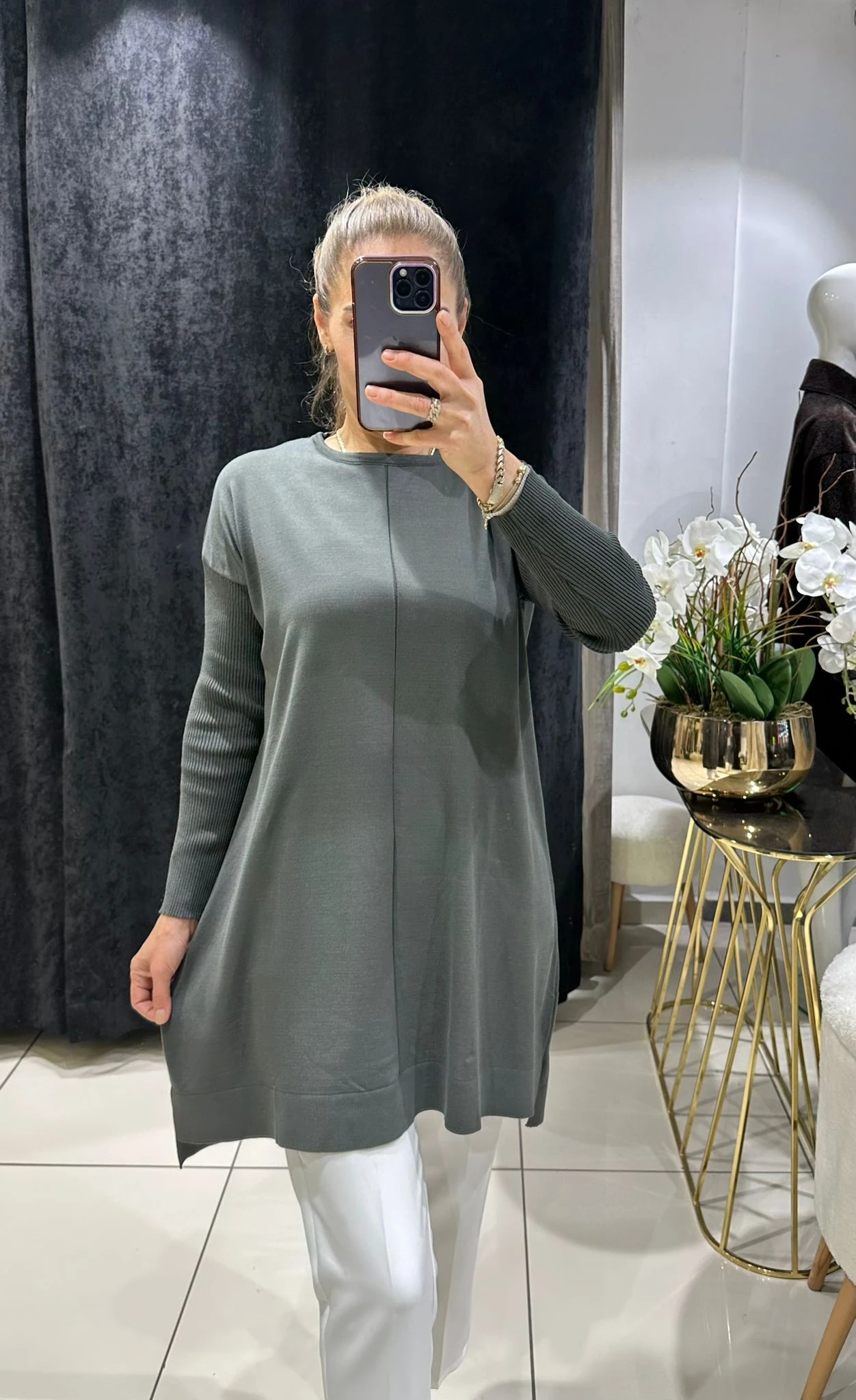 ORTASI DİKİŞ DETAYLI SOĞUK İP MESERİZE TRİKO - HAKİ