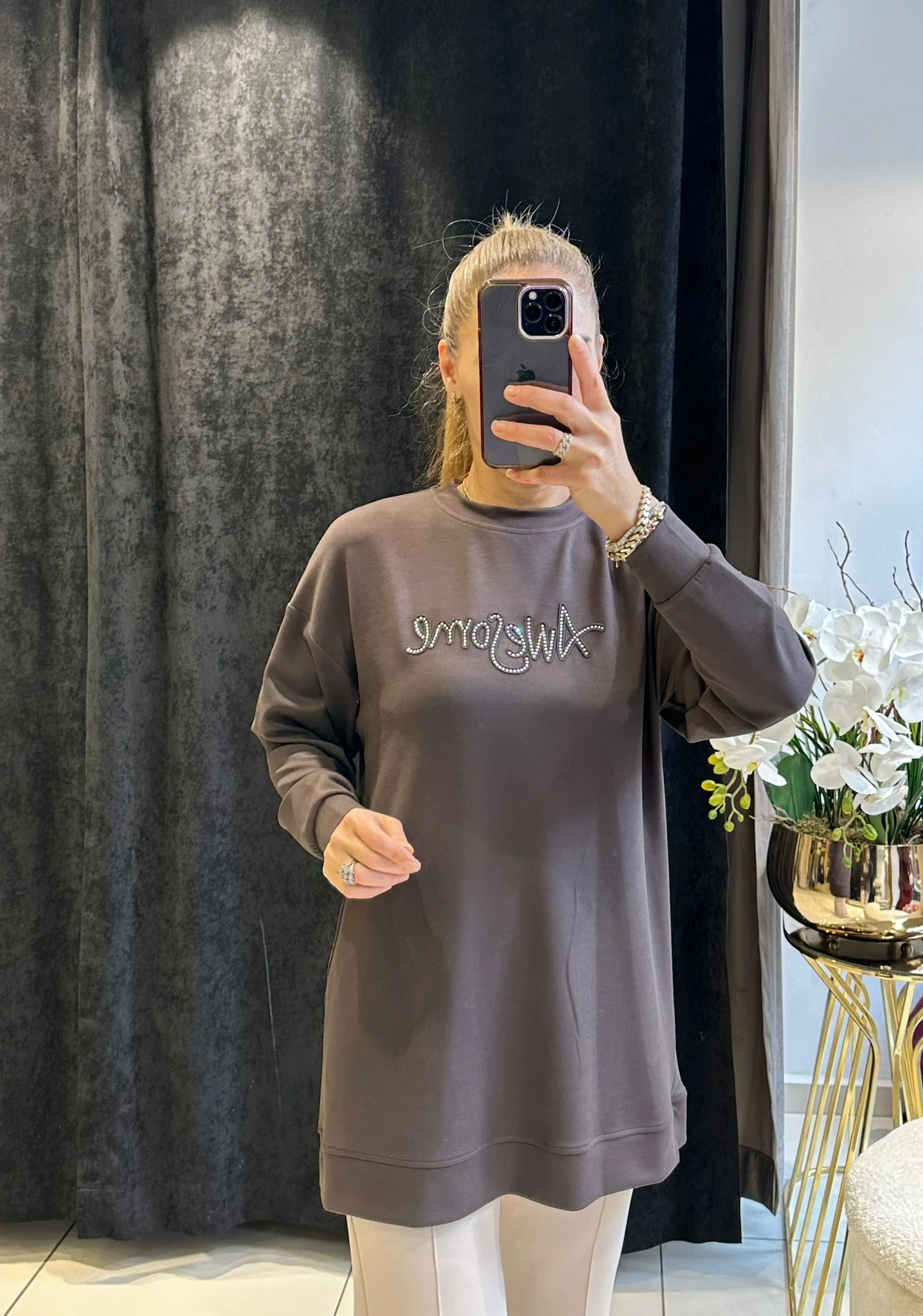 YAZI DETAY BEYZİK İKİ İPLİK PENYE TUNİK  - KAHVE