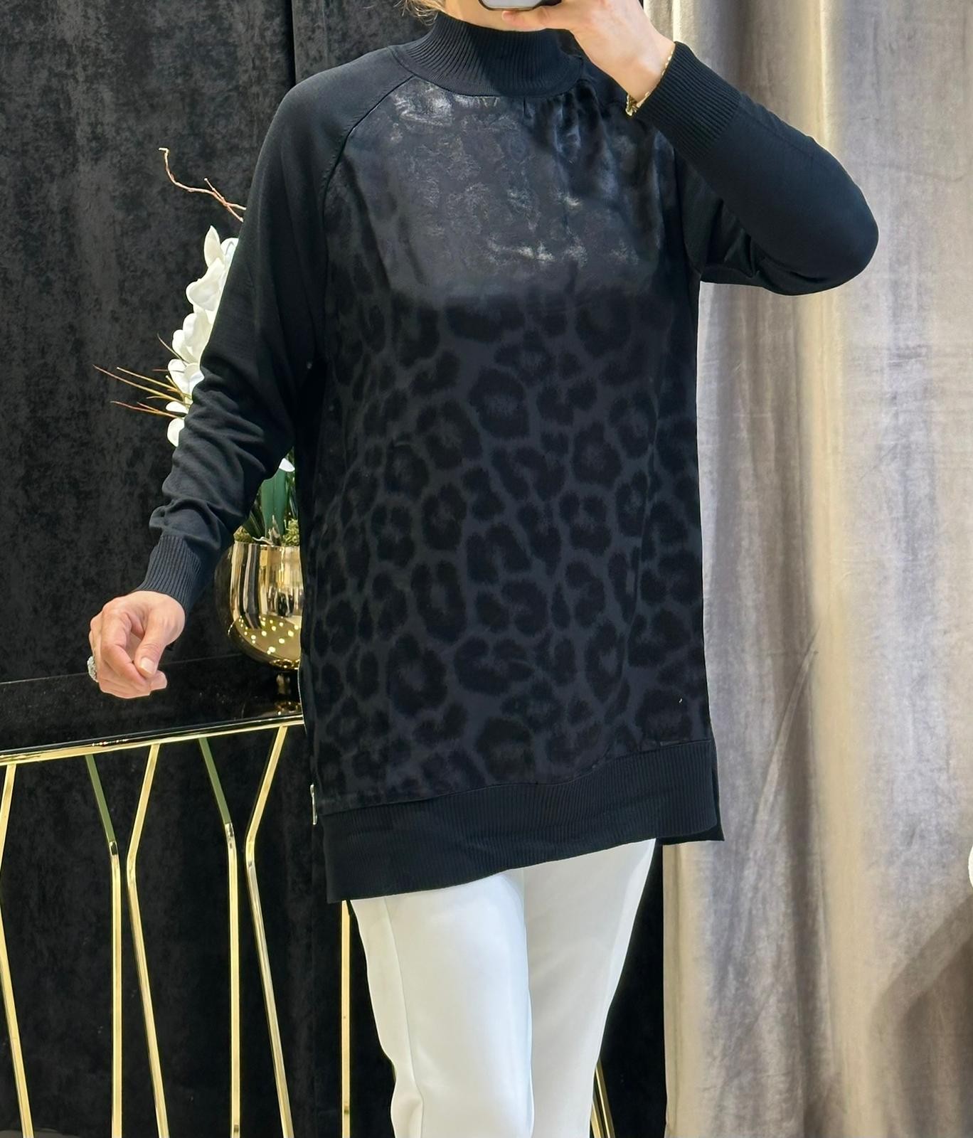 YANI FERMUARLI SATEN LEOPAR DESEN SOĞUK İP TRİKO - SİYAH