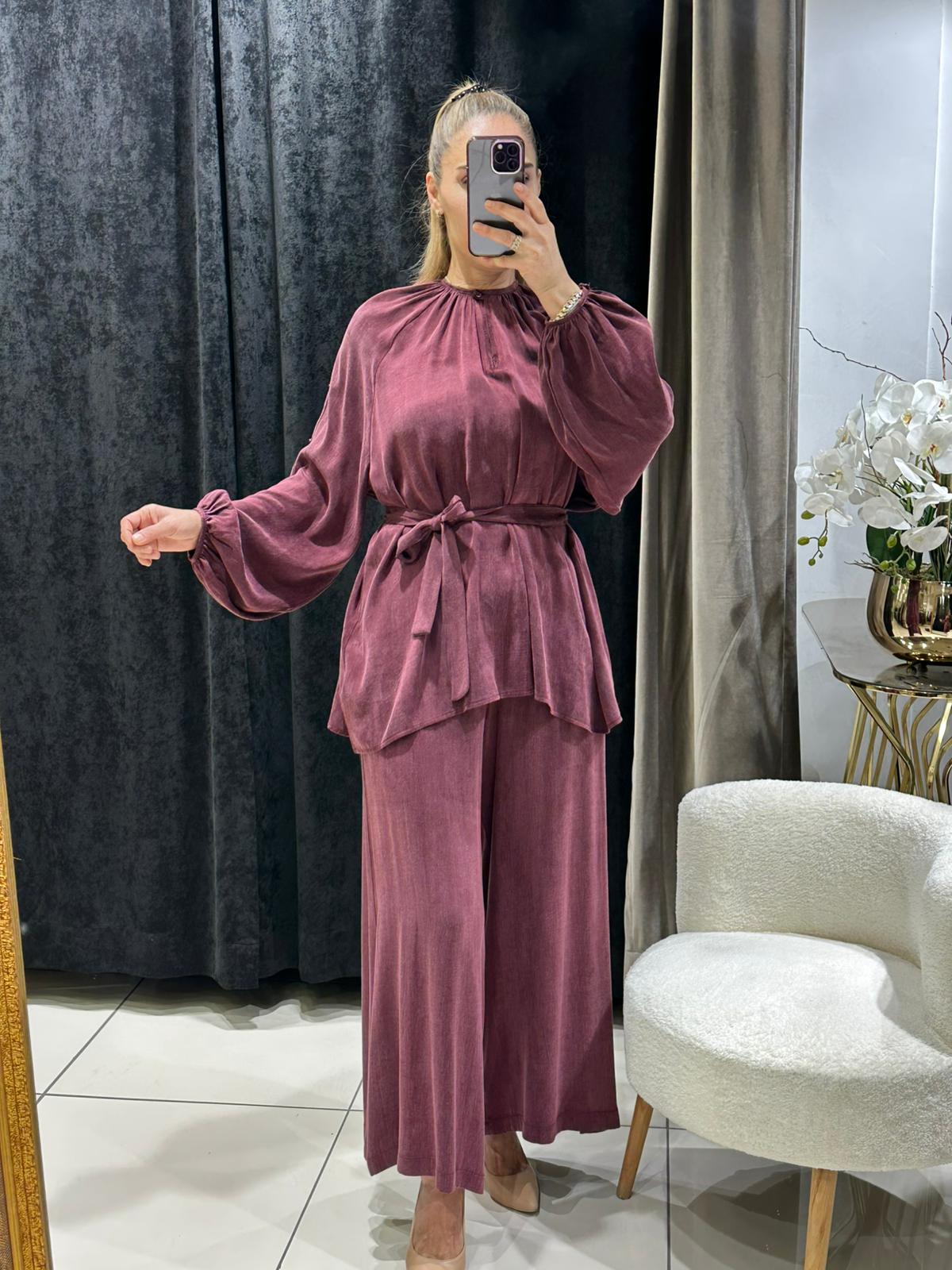 İPEK QUPRA DÜĞME DETAY BALONKOL İKİLİ TAKIM  - BORDO