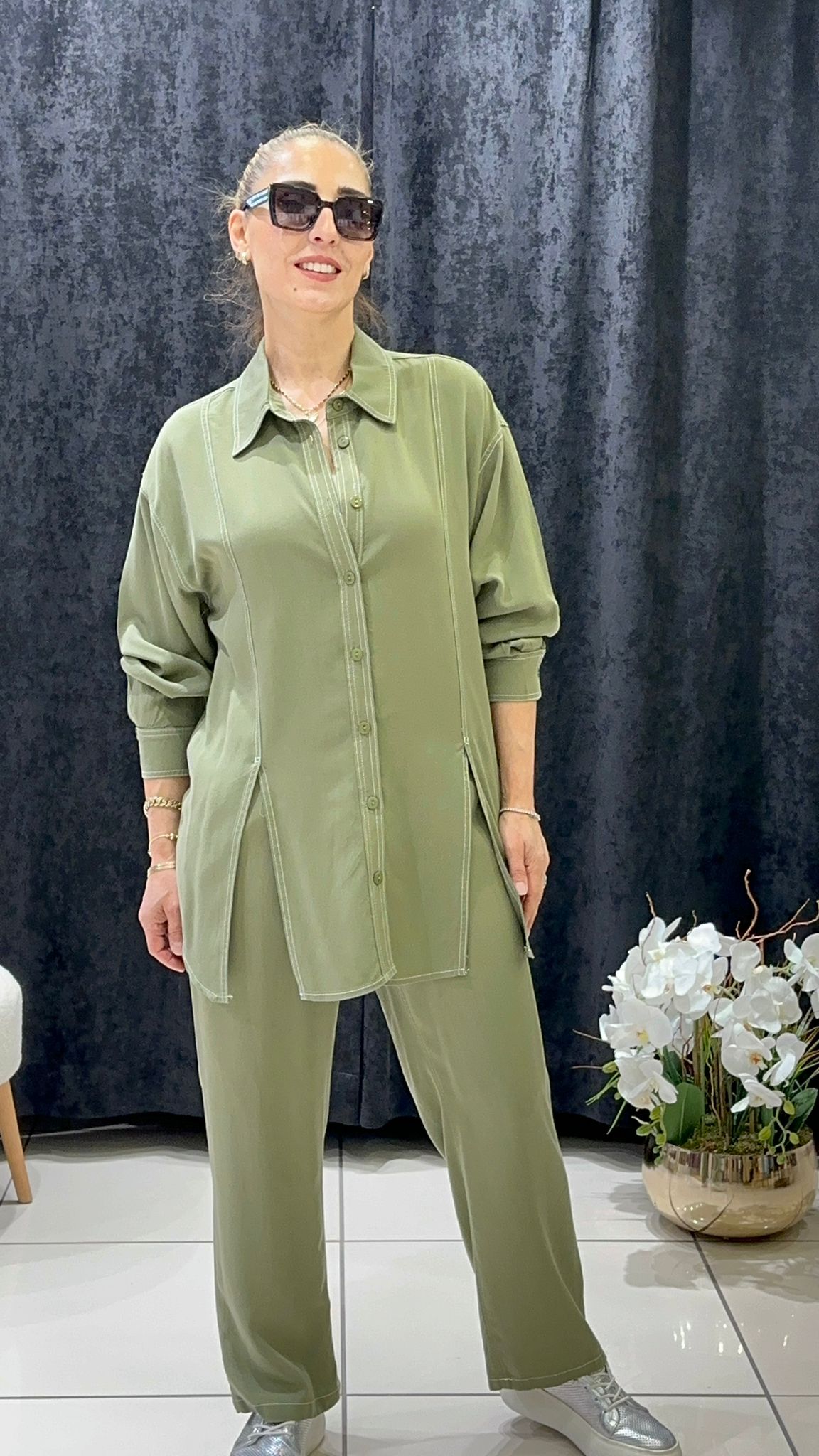 PAMUK TENSEL DİKİŞ DETAY  GÖMLEK PANTOLON TAKIM - HAKİ