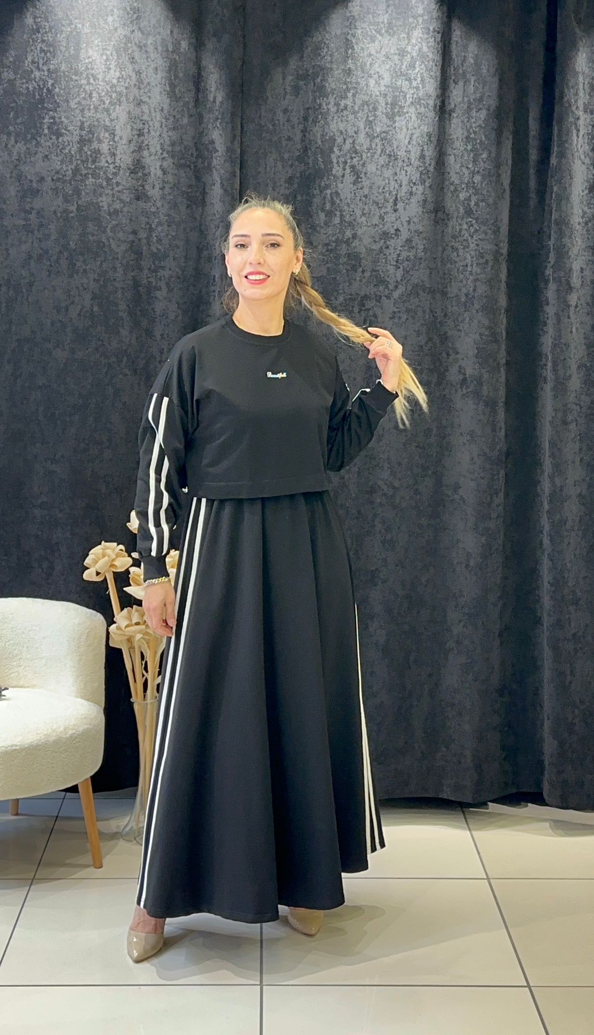 RİBANA DETAYLI İKİLİ ELBİSE İKİ İP PENYE KUMAŞ - SİYAH