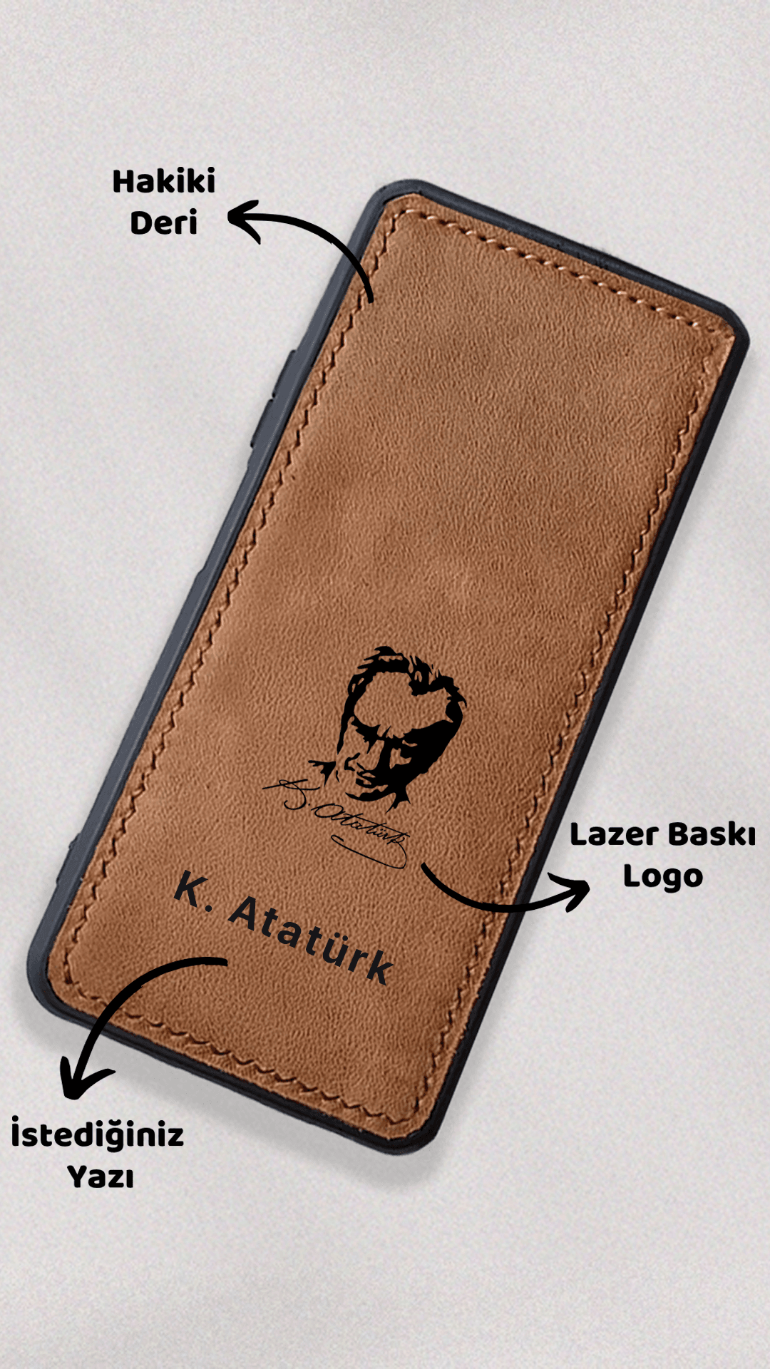 K. Atatürk Fotoğraflı İmzalı Baskılı Deri Telefon Kılıfı