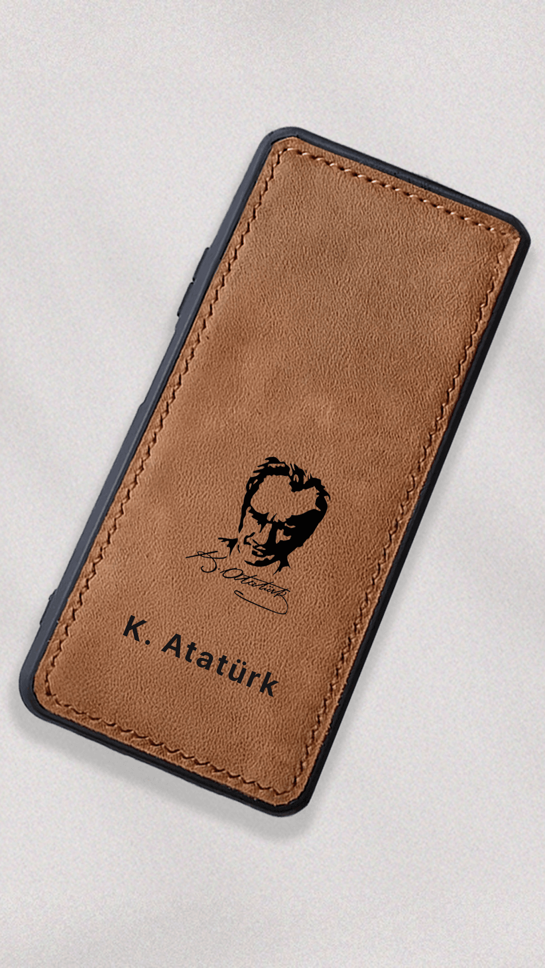K. Atatürk Fotoğraflı İmzalı Baskılı Deri Telefon Kılıfı