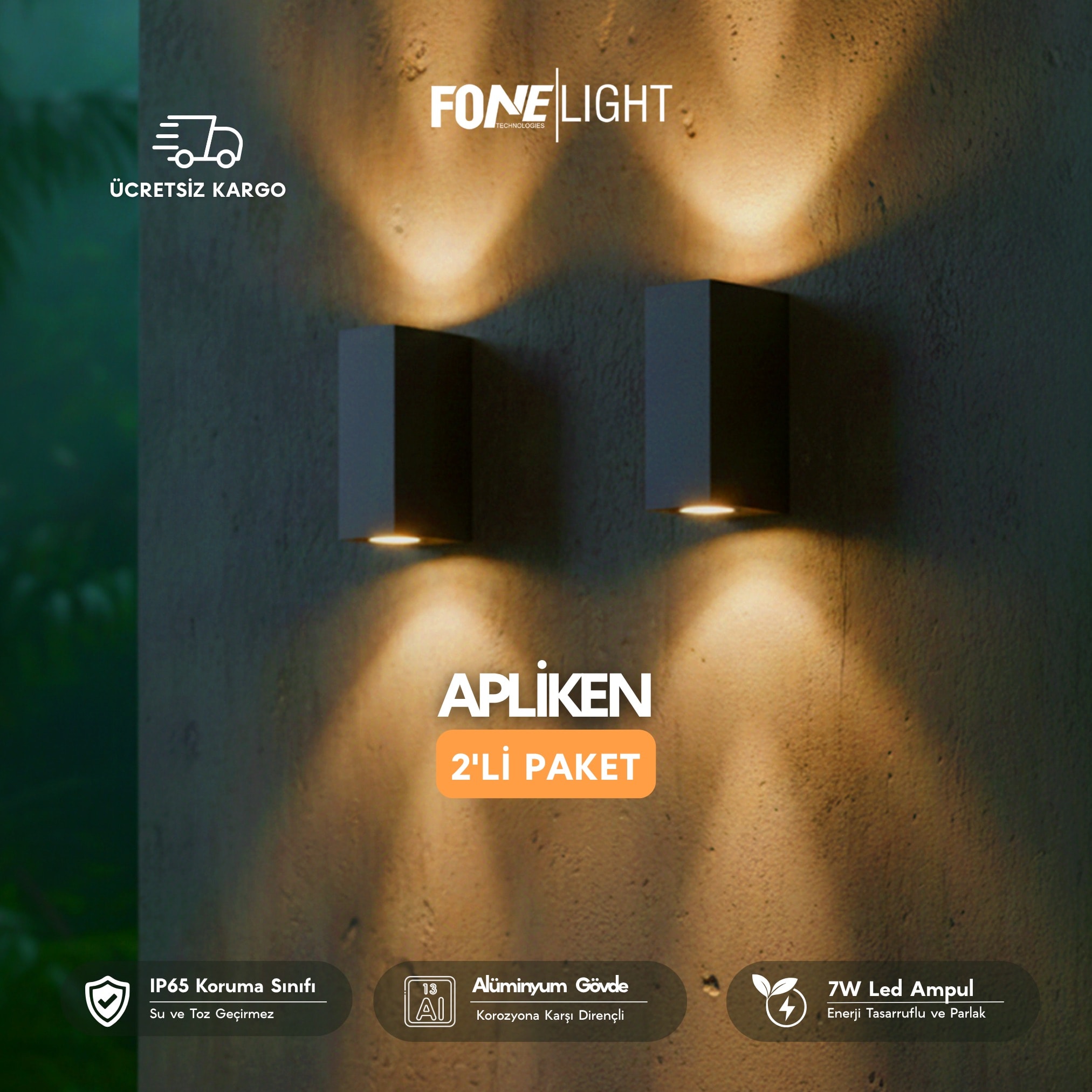 FoneLight Apliken 2'li Paket Çift Yönlü Alüminyum Modern Köşeli Duvar Apliği