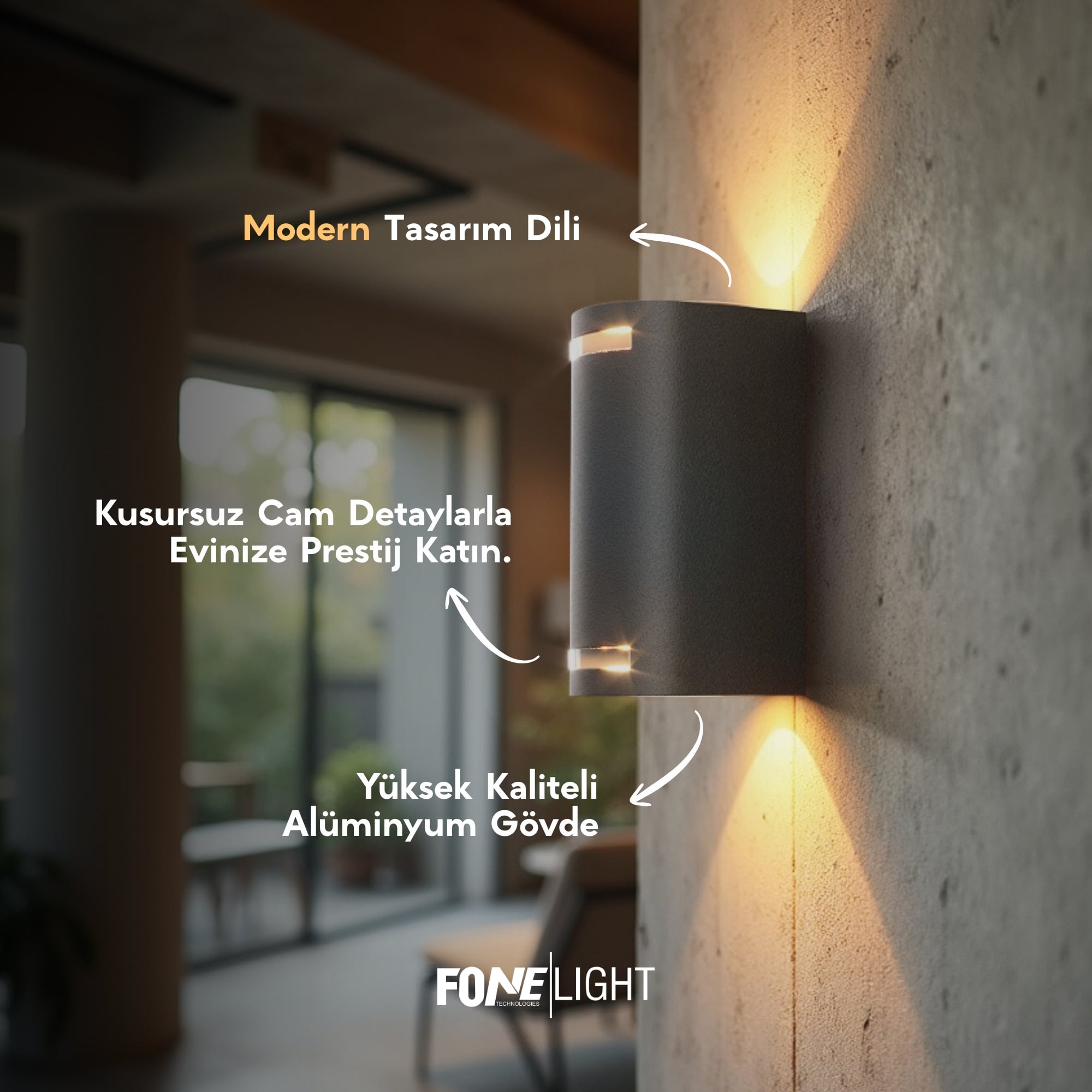 FoneLight Lunara Glass Alüminyum Modern LED İç Mekan / Dış Mekan Duvar Apliği