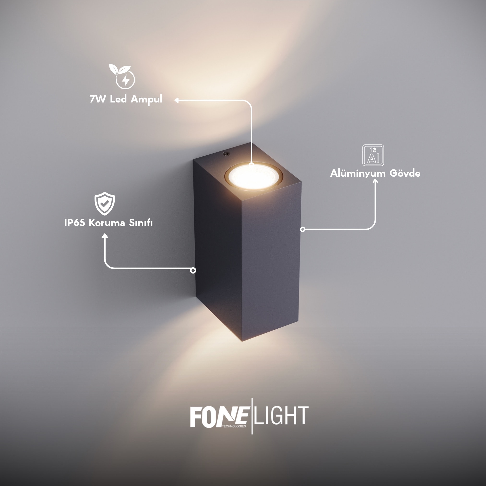 FoneLight Apliken 2'li Paket Çift Yönlü Alüminyum Modern Köşeli Duvar Apliği