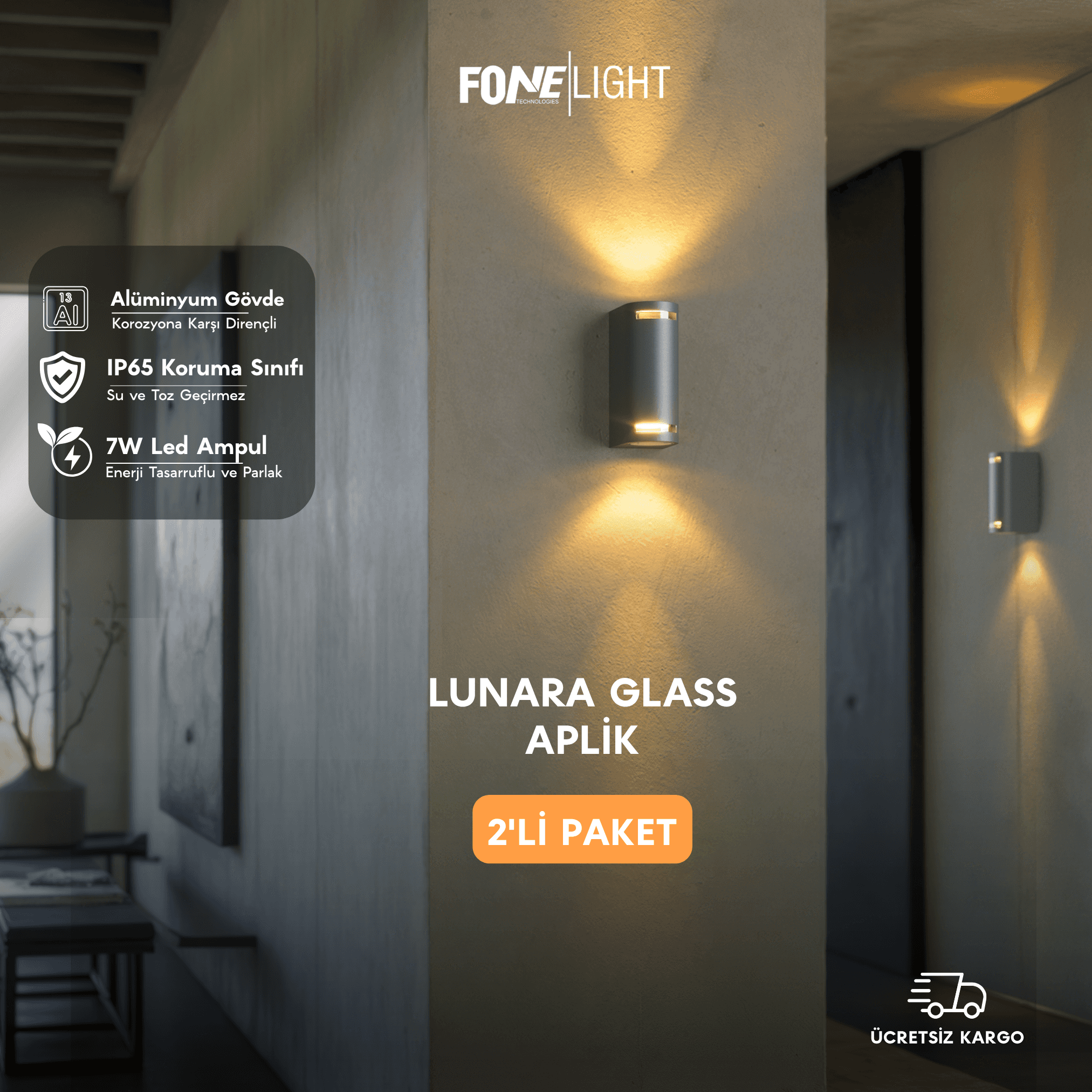 FoneLight Lunara 2'li Paket Alüminyum Duvar Aplik - Camlı Gövde