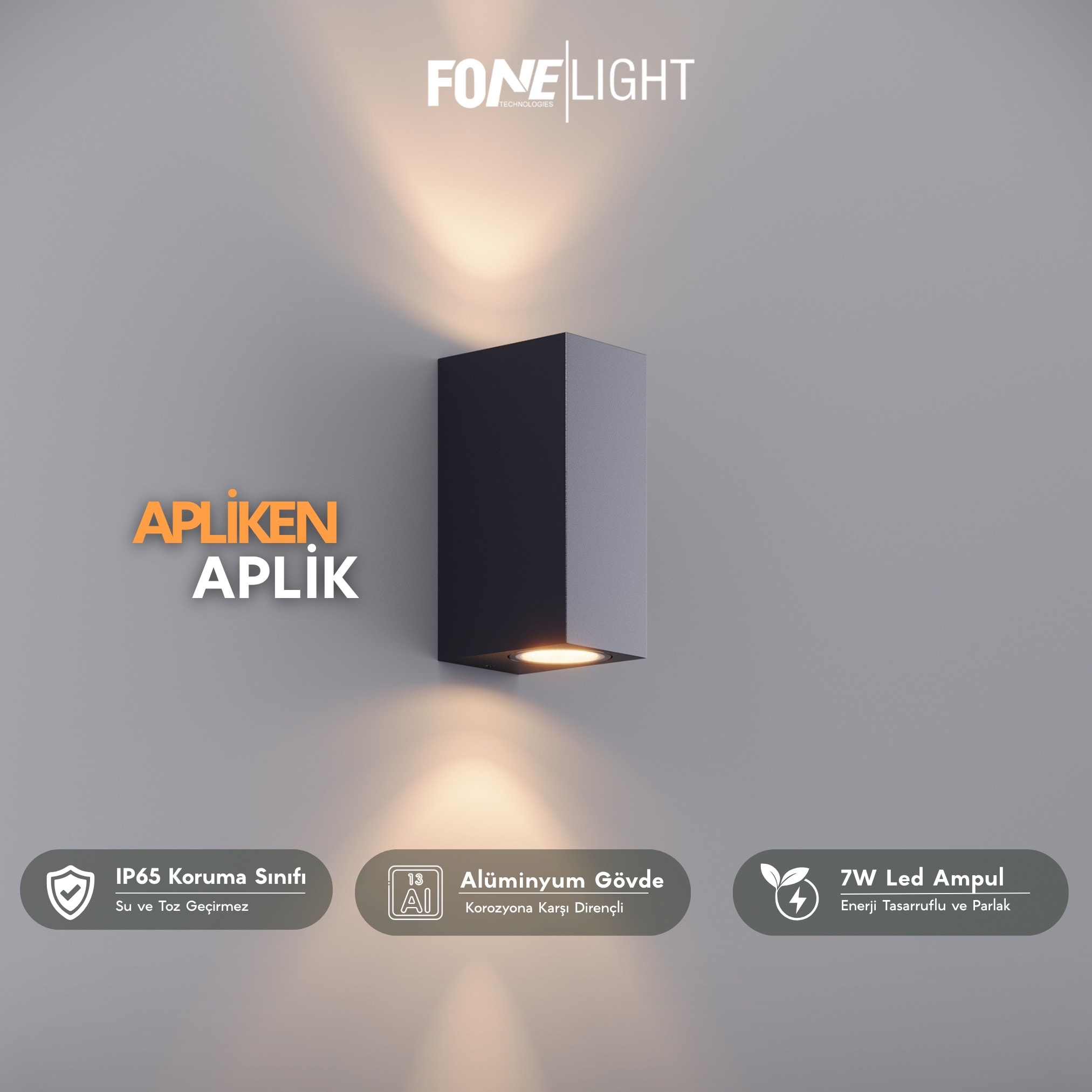 FoneLight Apliken 2'li Paket Çift Yönlü Alüminyum Modern Köşeli Duvar Apliği