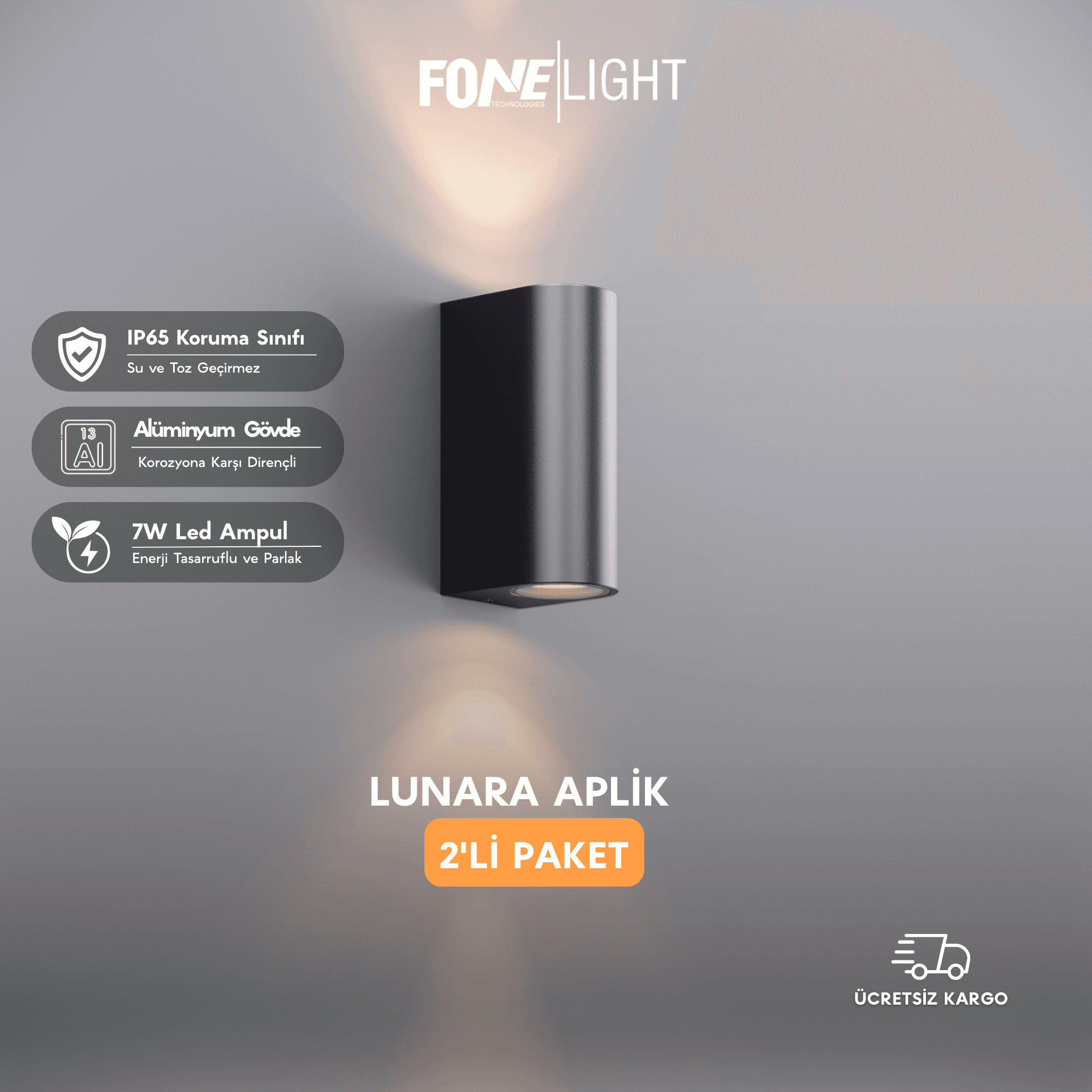FoneLight Lunara 2'li Paket Alüminyum Duvar Aplik - Camsız Gövde