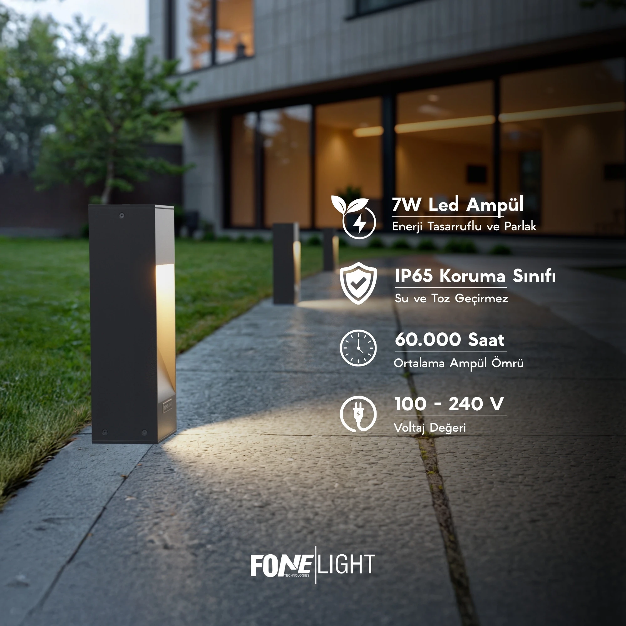 FoneLight Luzerra Alüminyum Bahçe Yürüyüş Yolu Aydınlatması Bollard Aydınlatma - 100x100x350 mm