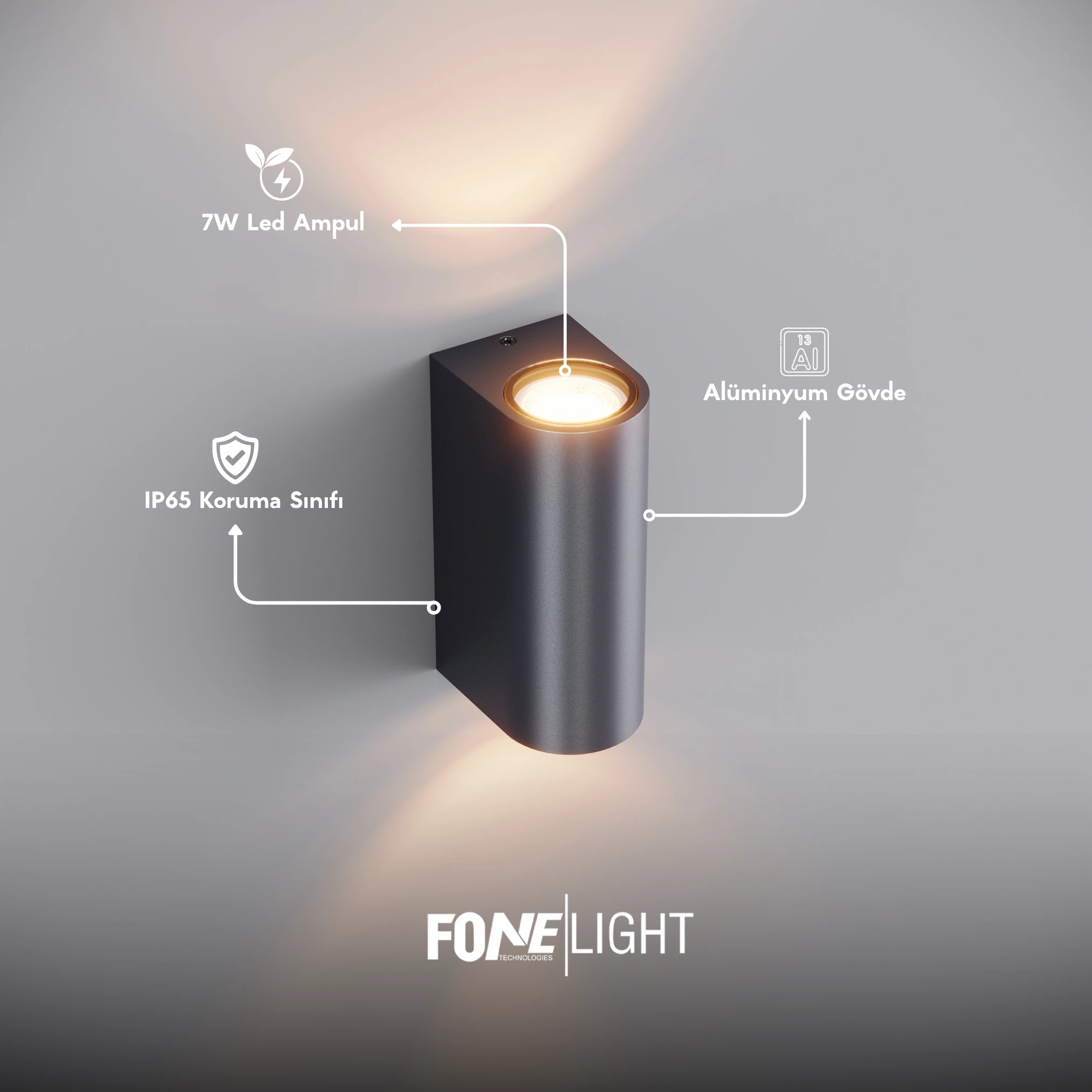 FoneLight Lunara 2'li Paket Alüminyum Duvar Aplik - Camsız Gövde
