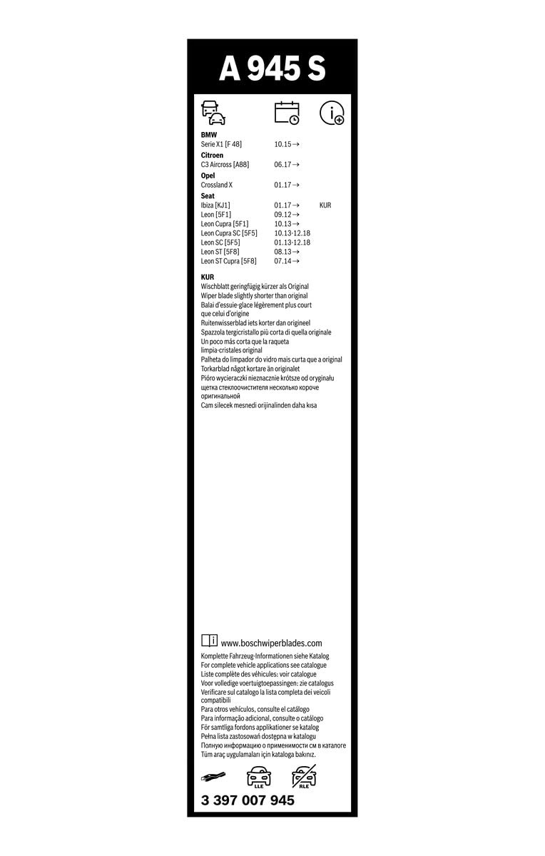 BOSCH Aerotwin Silecek Seti Seat Leon Mk3 (2013-2020), Ibiza (2017-2021) [650/400 mm] A945S 3397007945