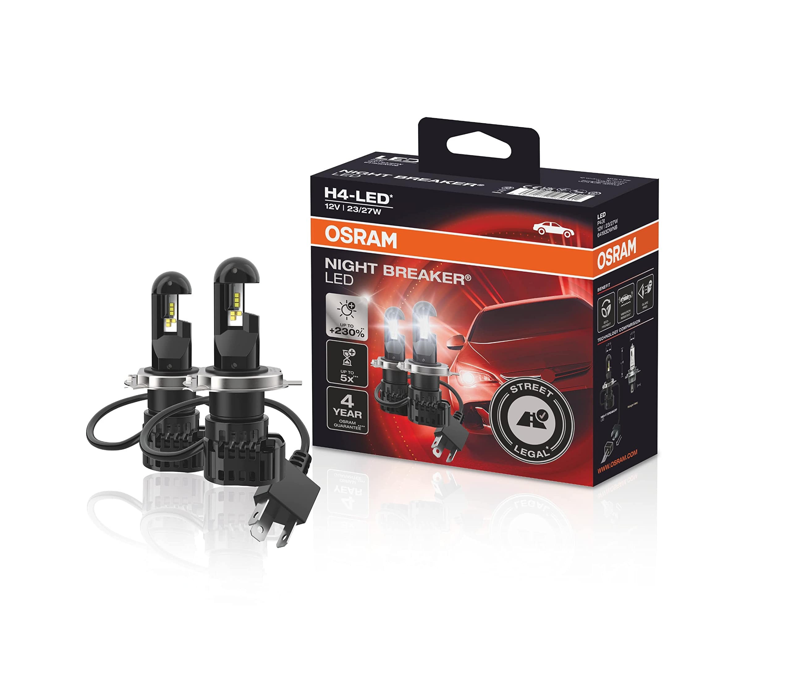 Osram Ampul Night Breaker Led H4-LED 12V 23/27W%230'a kadar Fazla Işık 4 yıl Garantili, Sarı Işık