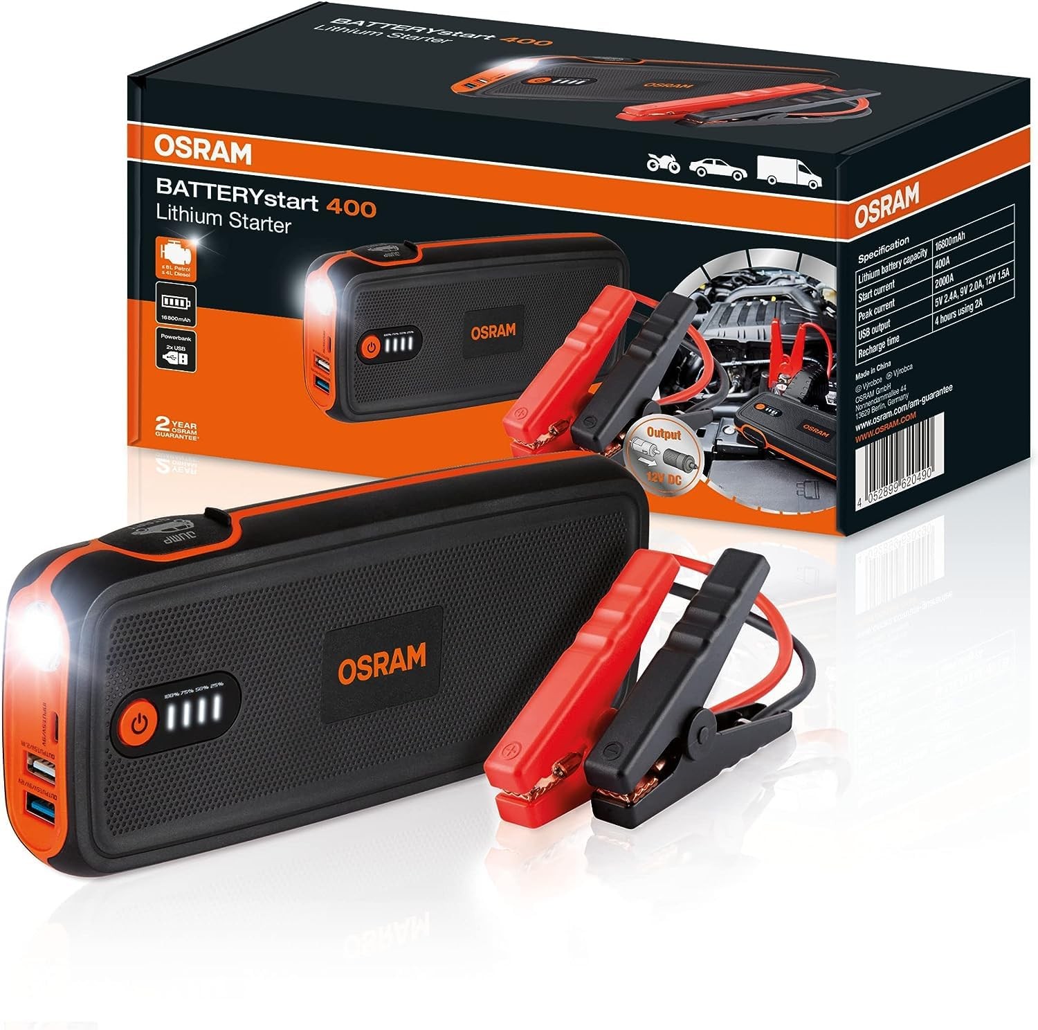 Osram Batterystart 400 Akü Takviye Cihazı, 16800 mAh, LED Işık, USB Şarj Girişi, Taşınabilir Araç Başlatıcı